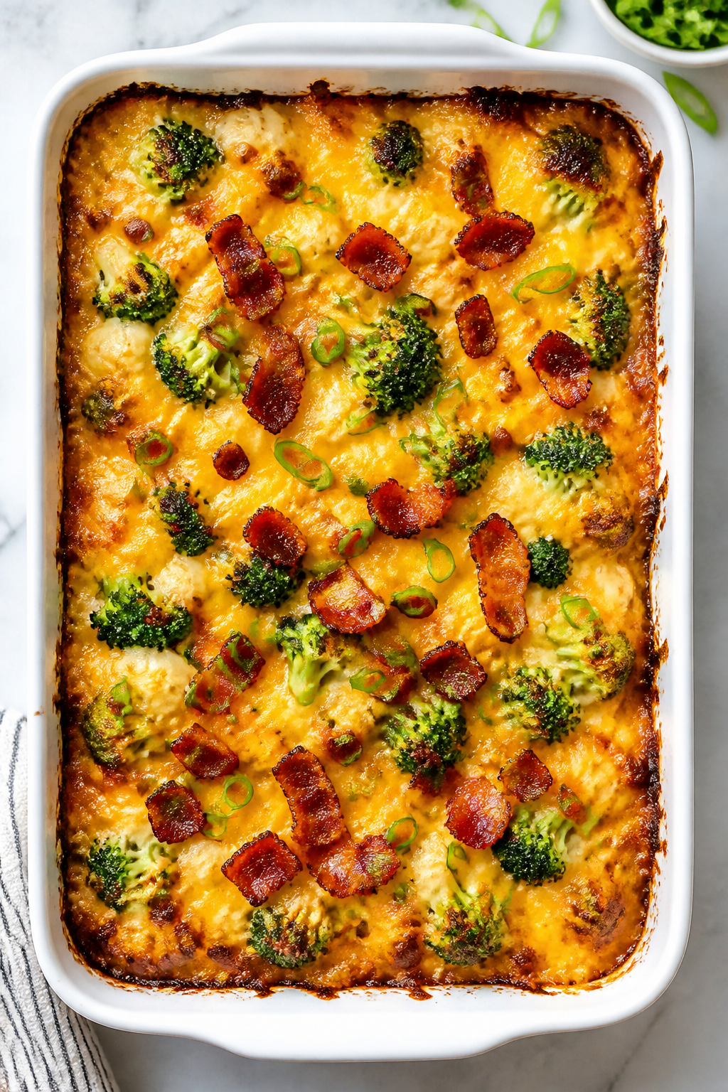 Tasty top view, in-pan: Overhead shot of the Healthy Crack Chicken Casserole just out of the oven in