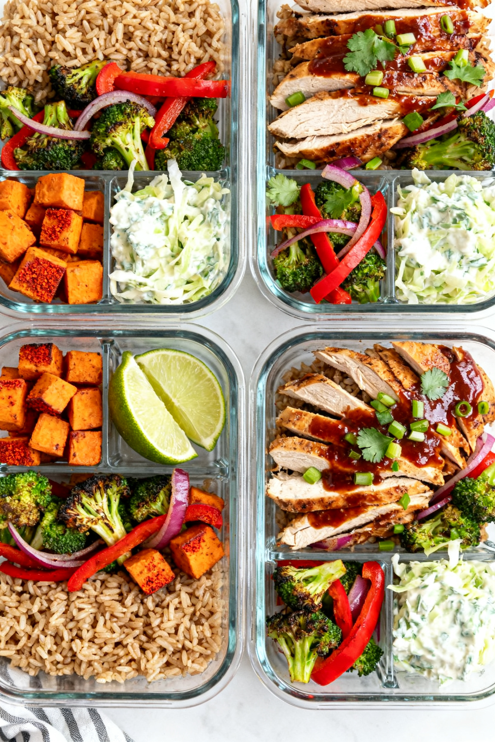 Tasty top view – Meal prep assembly: Overhead shot of four compartment-style glass meal prep conta