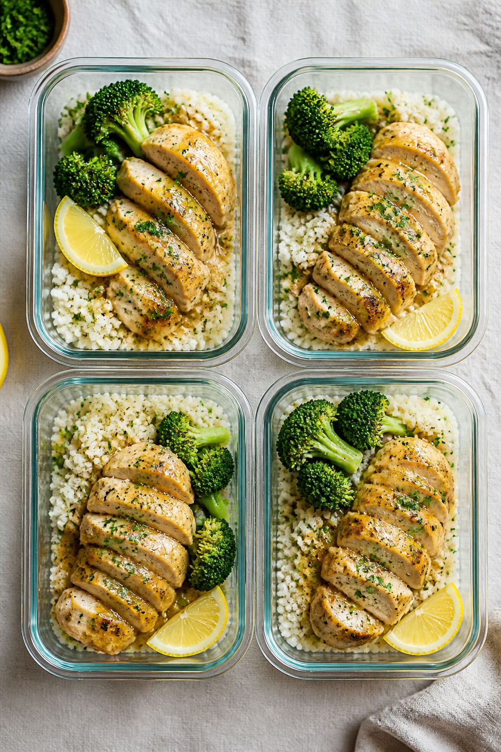 Tasty top view, meal prep assembly: Overhead shot of three to four glass meal prep containers lined