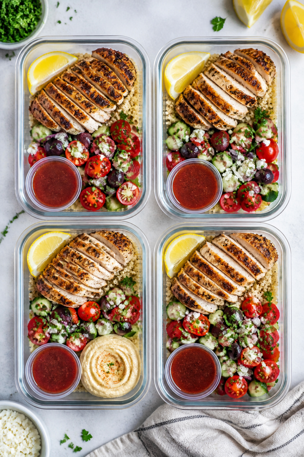 Tasty top view, meal prep assembly: Overhead shot of four divided meal prep containers neatly filled