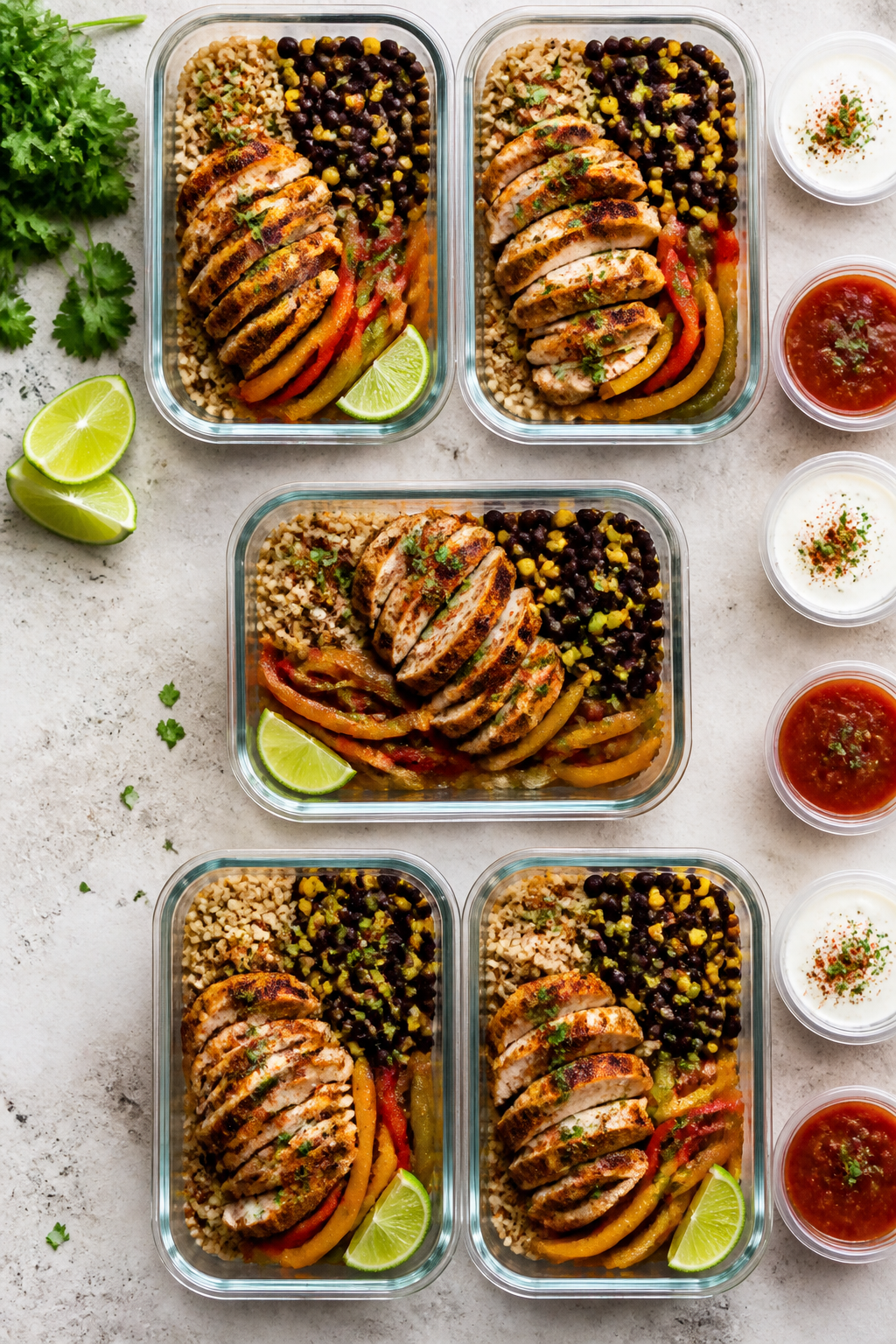 Tasty top view, meal prep assembly: Overhead shot of 5 neatly arranged meal prep containers filled w