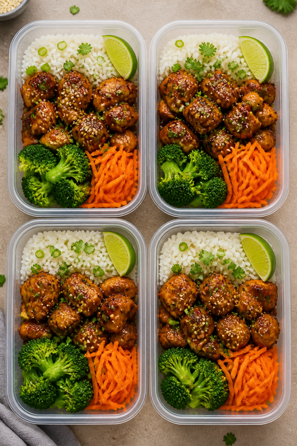 Tasty top view, meal prep assembly: Overhead shot of four neatly arranged meal prep containers fille