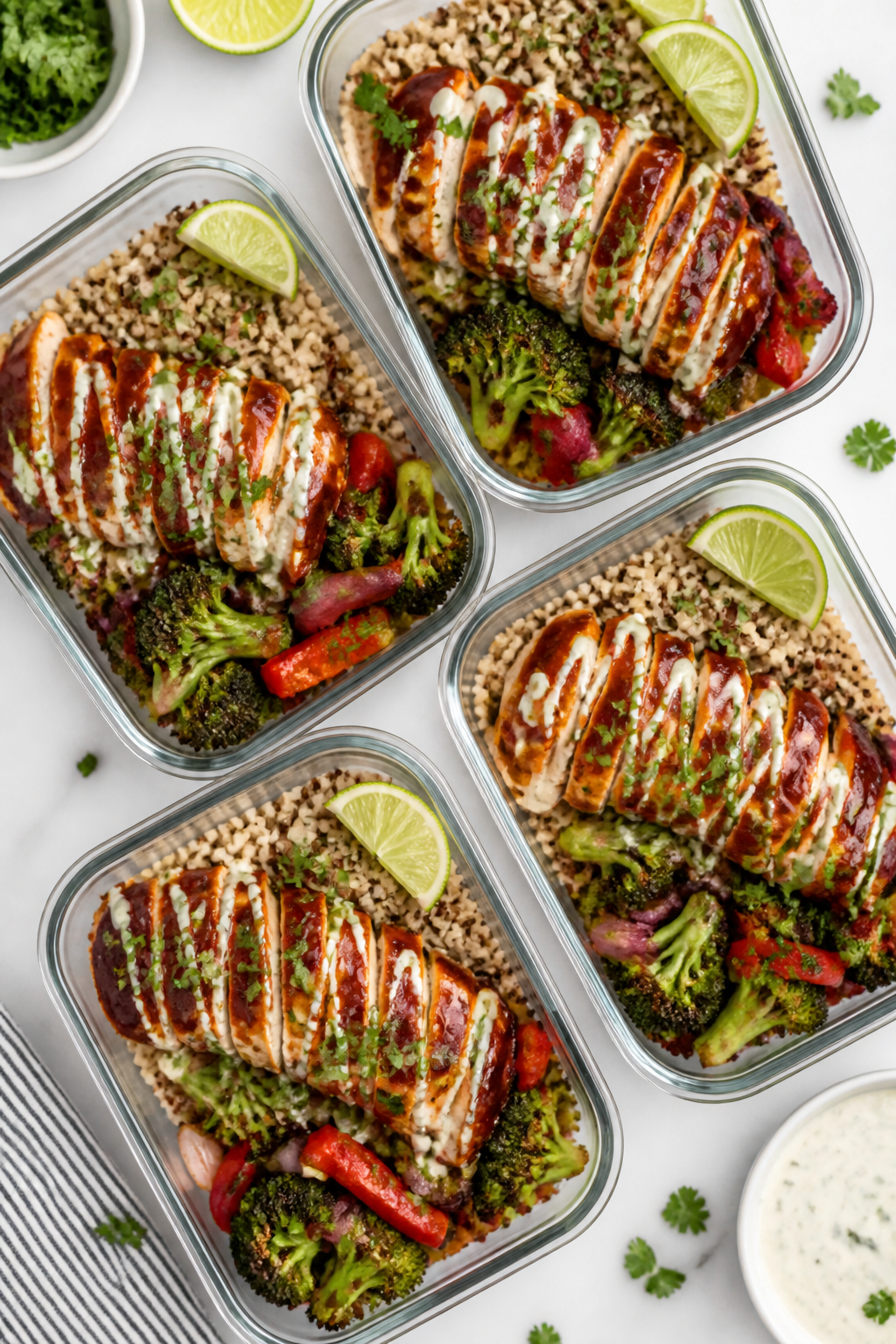 Tasty top view — Meal prep bowls: Overhead shot of 4–5 neatly arranged meal prep containers fill