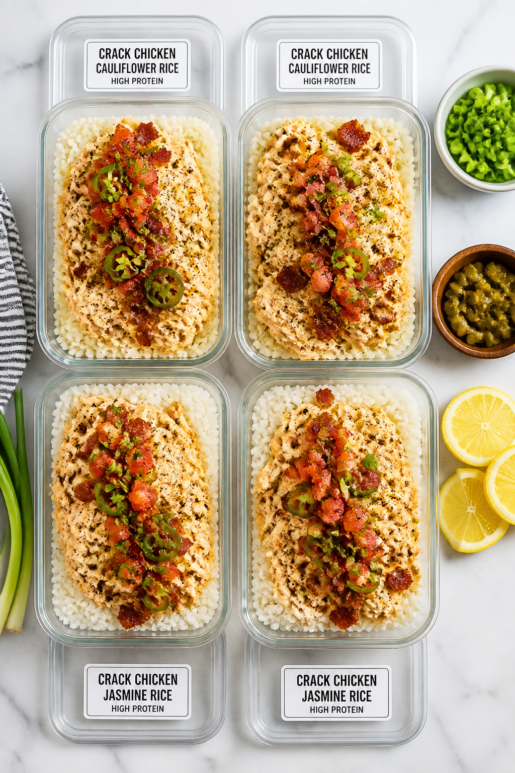 Tasty top view (meal-prep focus): Overhead shot of four meal-prep containers filled with high-protei