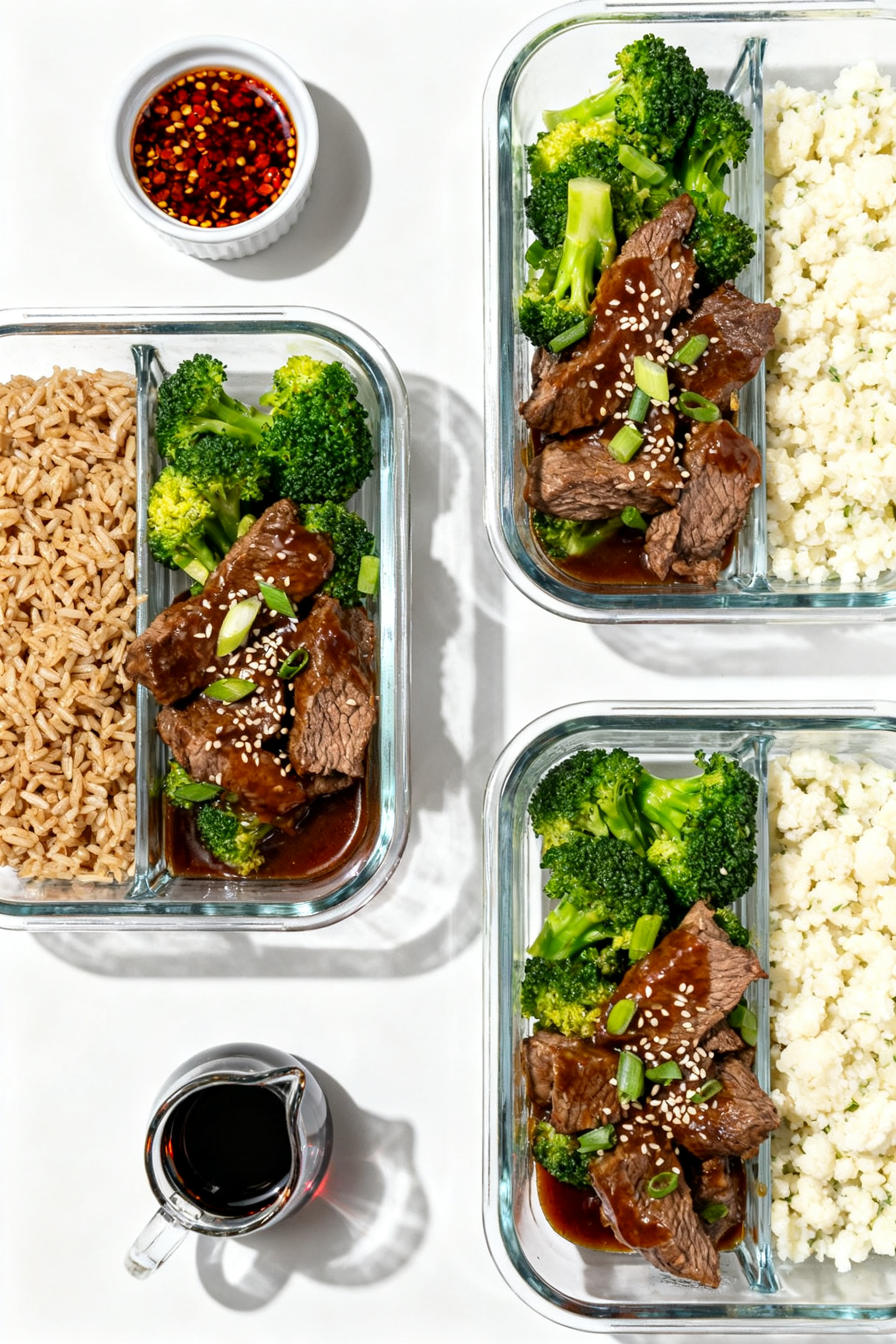 Tasty top-view, meal-prep focus: Overhead shot of beef and broccoli portioned into neat glass meal-p