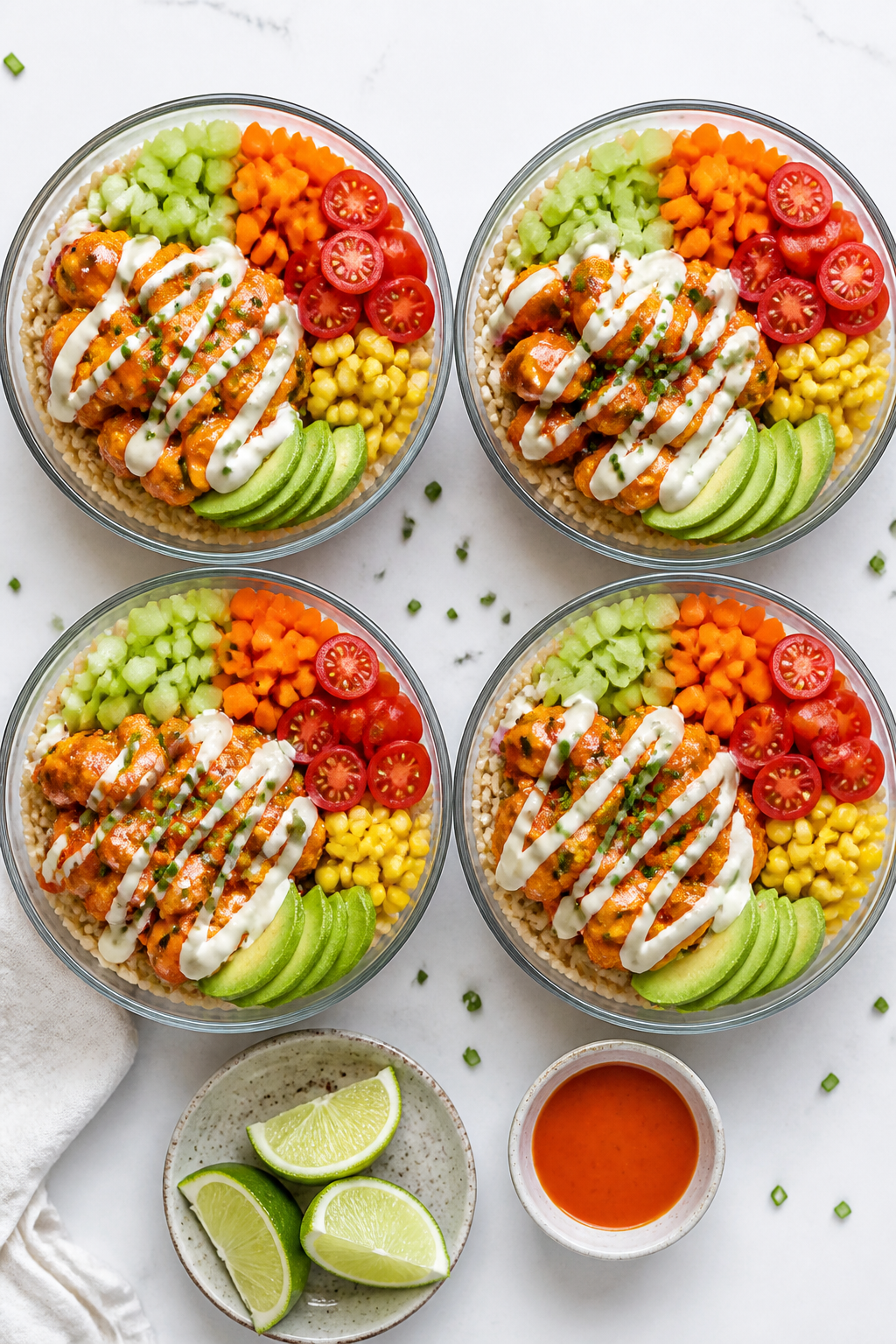 Tasty top view, meal-prep friendly: Overhead shot of four meal-prep bowls filled with a base of fluf