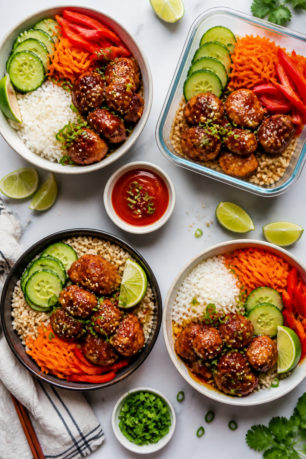 Tasty top view — Meal-prep friendly spread: Overhead shot of multiple assembled bowls and a storag