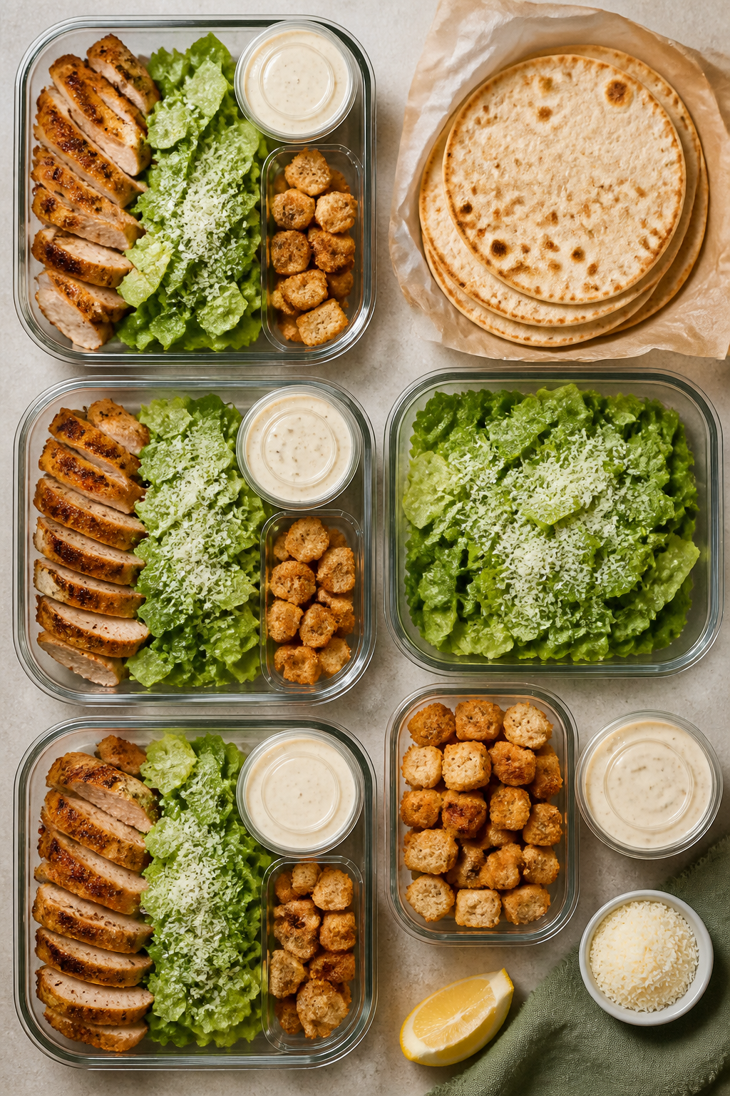 Tasty top view — Meal prep layout for the week: Overhead shot of neat meal prep containers with co