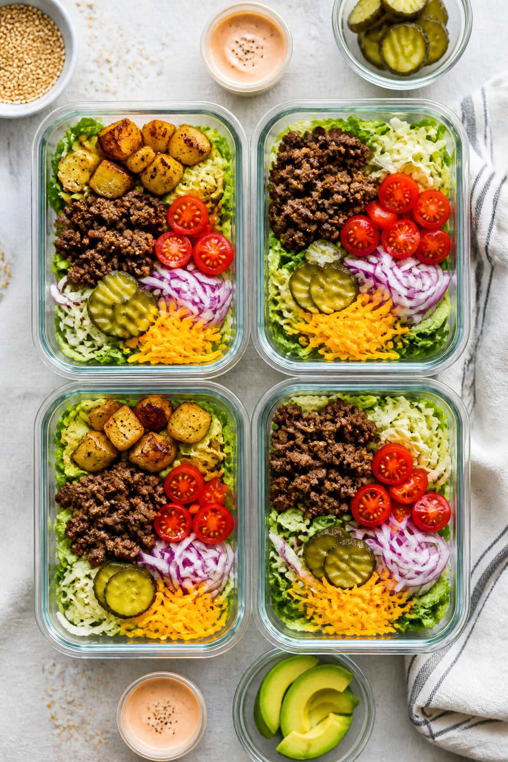 Tasty top view — Meal-prep lineup of burger bowls: Overhead shot of 4 neatly arranged airtight con