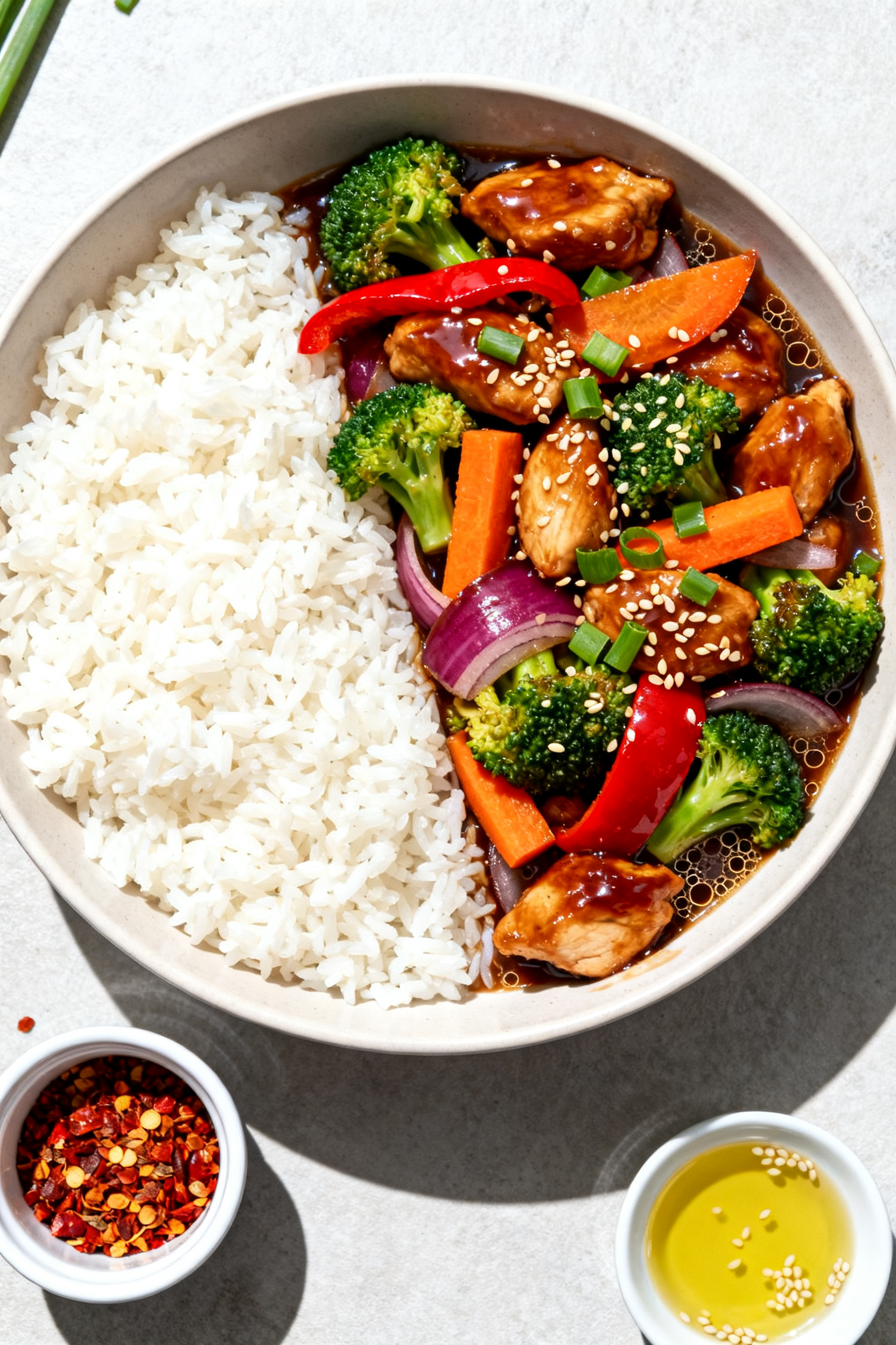 Tasty top view, meal-prep/overhead: Overhead shot of the finished teriyaki chicken stir fry divided