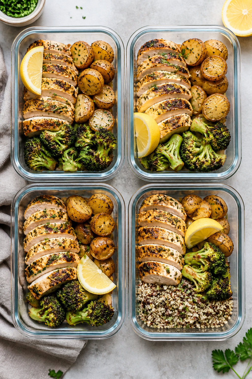 Tasty top view (meal prep): Overhead shot of four neatly portioned meal-prep containers filled with 