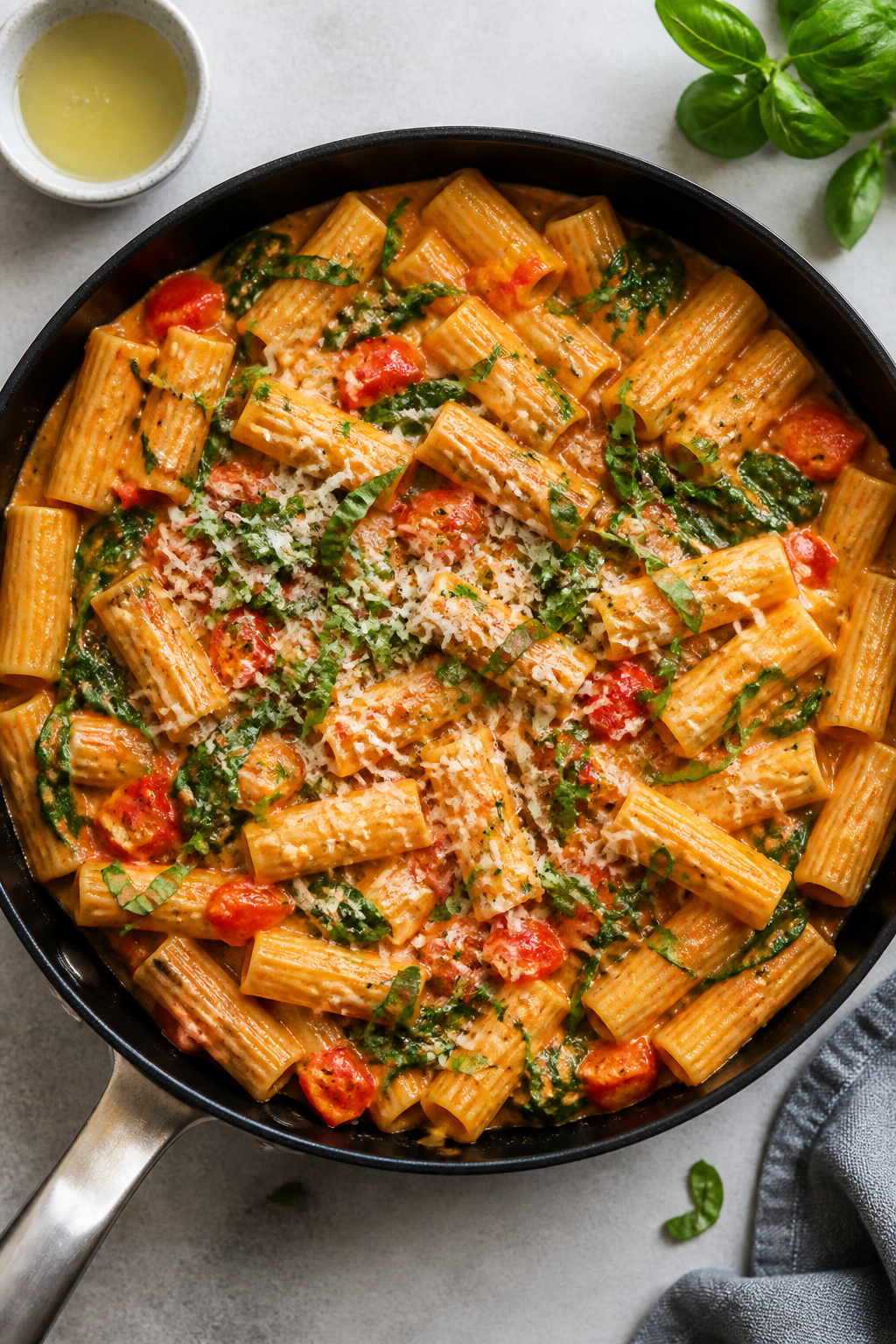 Tasty top view, one-pan finish: Overhead shot of high-protein pasta (rigatoni or penne) tossed in cr
