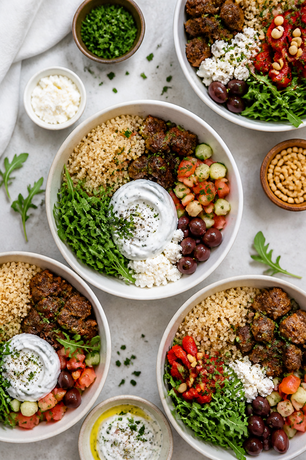 Tasty top view – overhead assembly: Overhead shot of multiple Mediterranean beef bowls mid-assembl