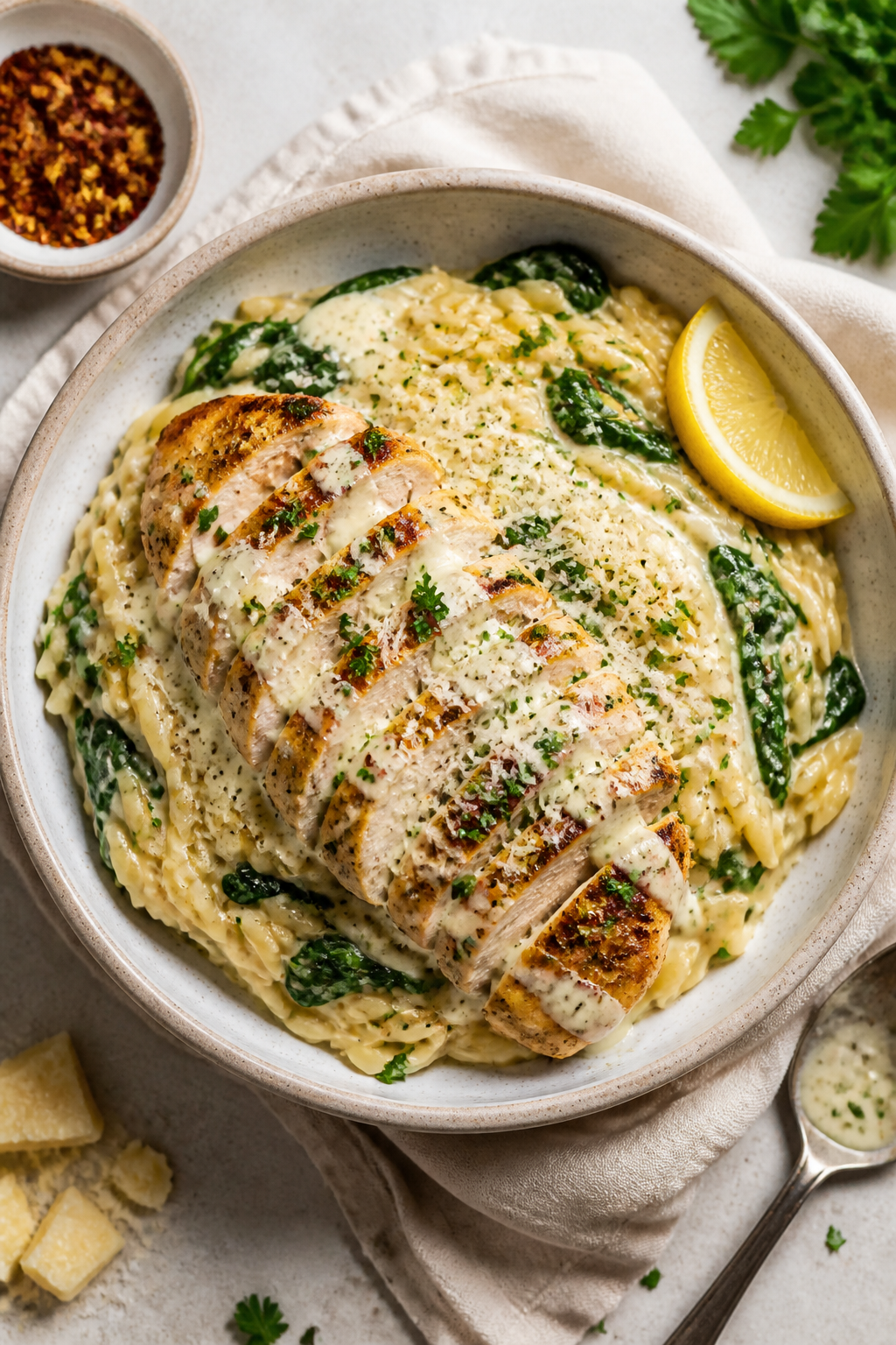 Tasty top view, overhead bowl assembly: Overhead shot of Creamy Garlic Parmesan Chicken Bowls over b