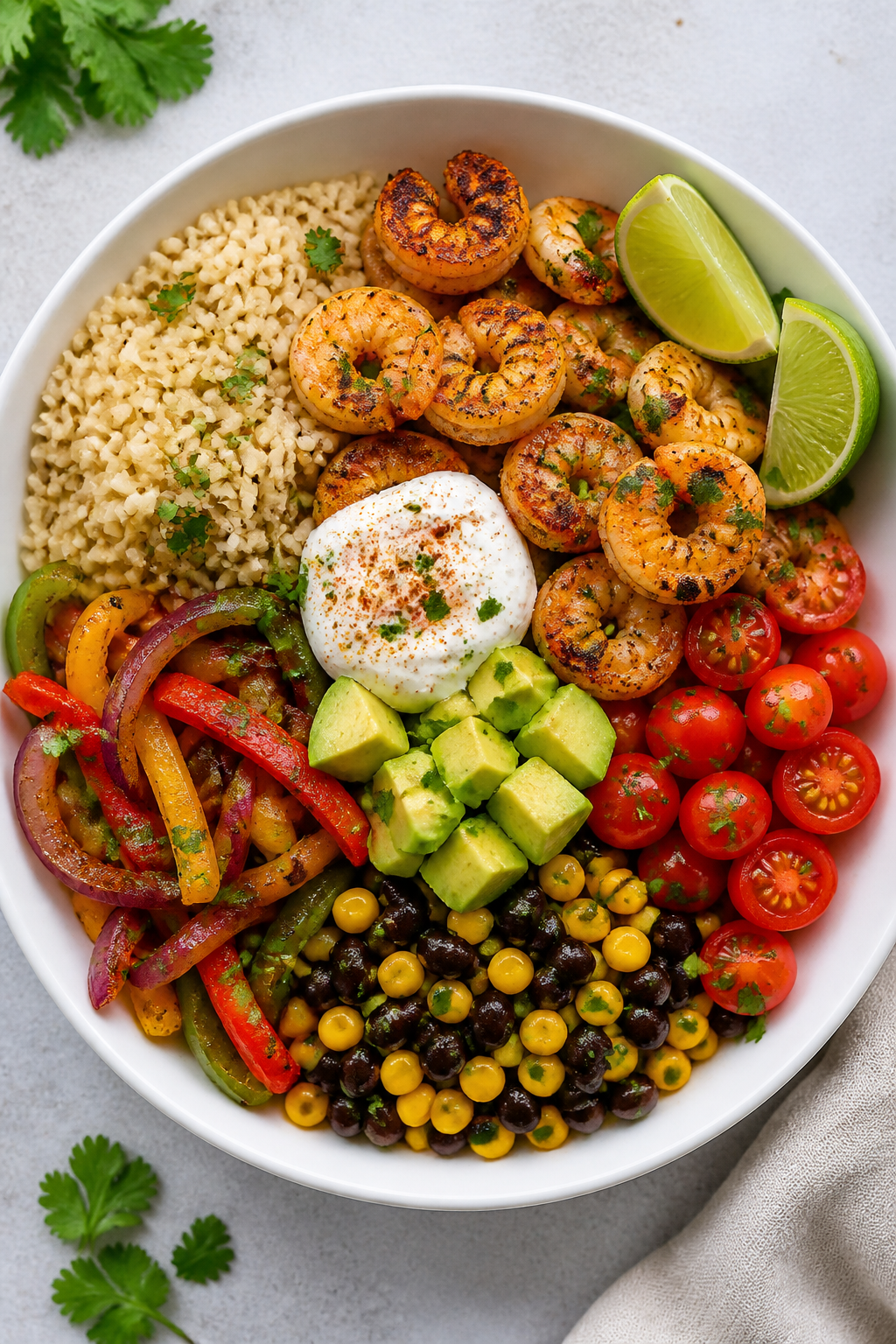 Tasty top view, overhead bowl build: Overhead shot of a High Protein Cajun Shrimp Bowl on a matte wh