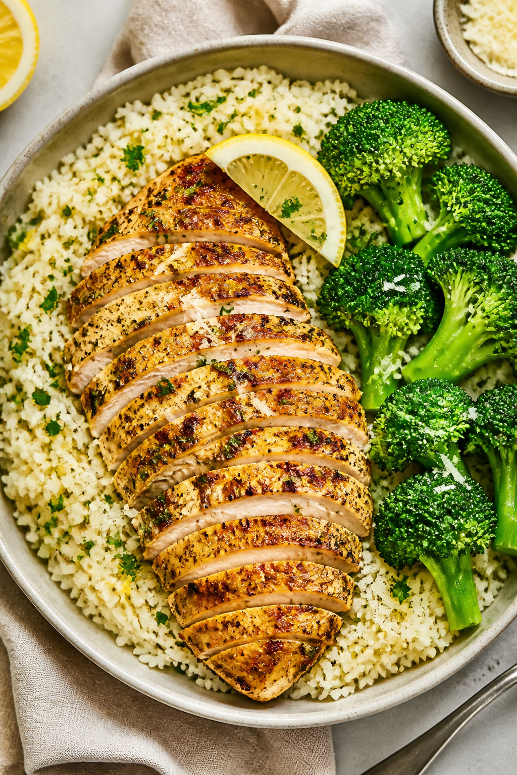 Tasty top view, overhead: Garlic Parmesan chicken sliced and fanned over fluffy garlic-butter rice i