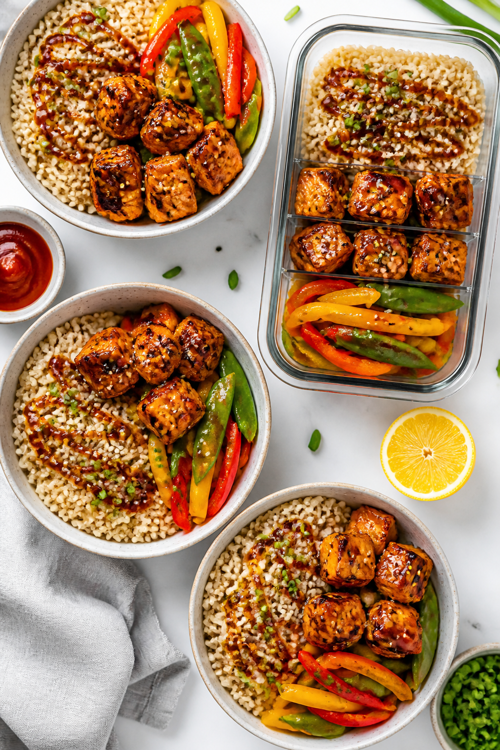 Tasty top view, overhead meal-prep vibe: Overhead shot of assembled teriyaki salmon bowls and one me