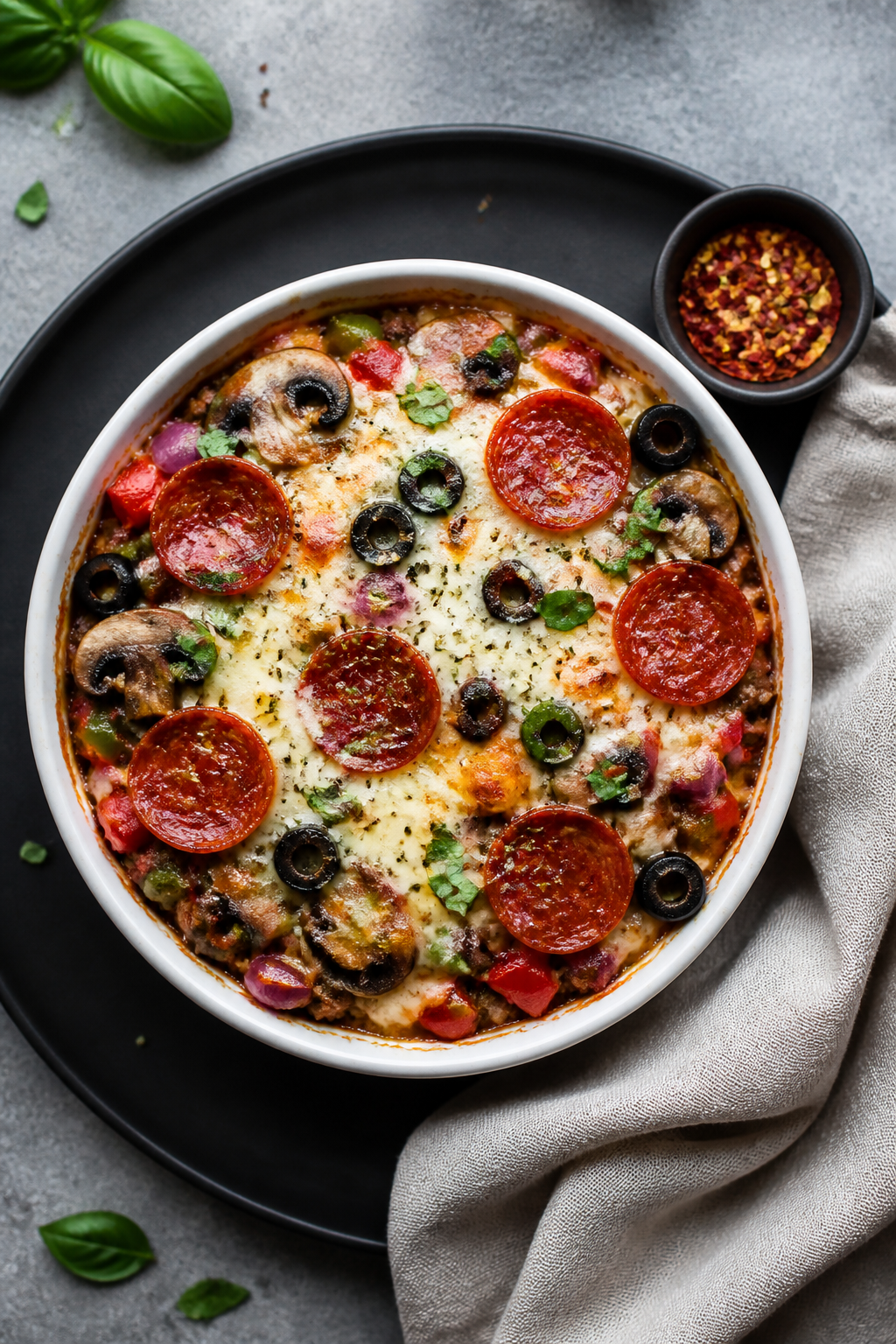 Tasty top view, overhead: Overhead shot of a finished Low Carb Ground Beef Pizza Bowl in an oven-saf