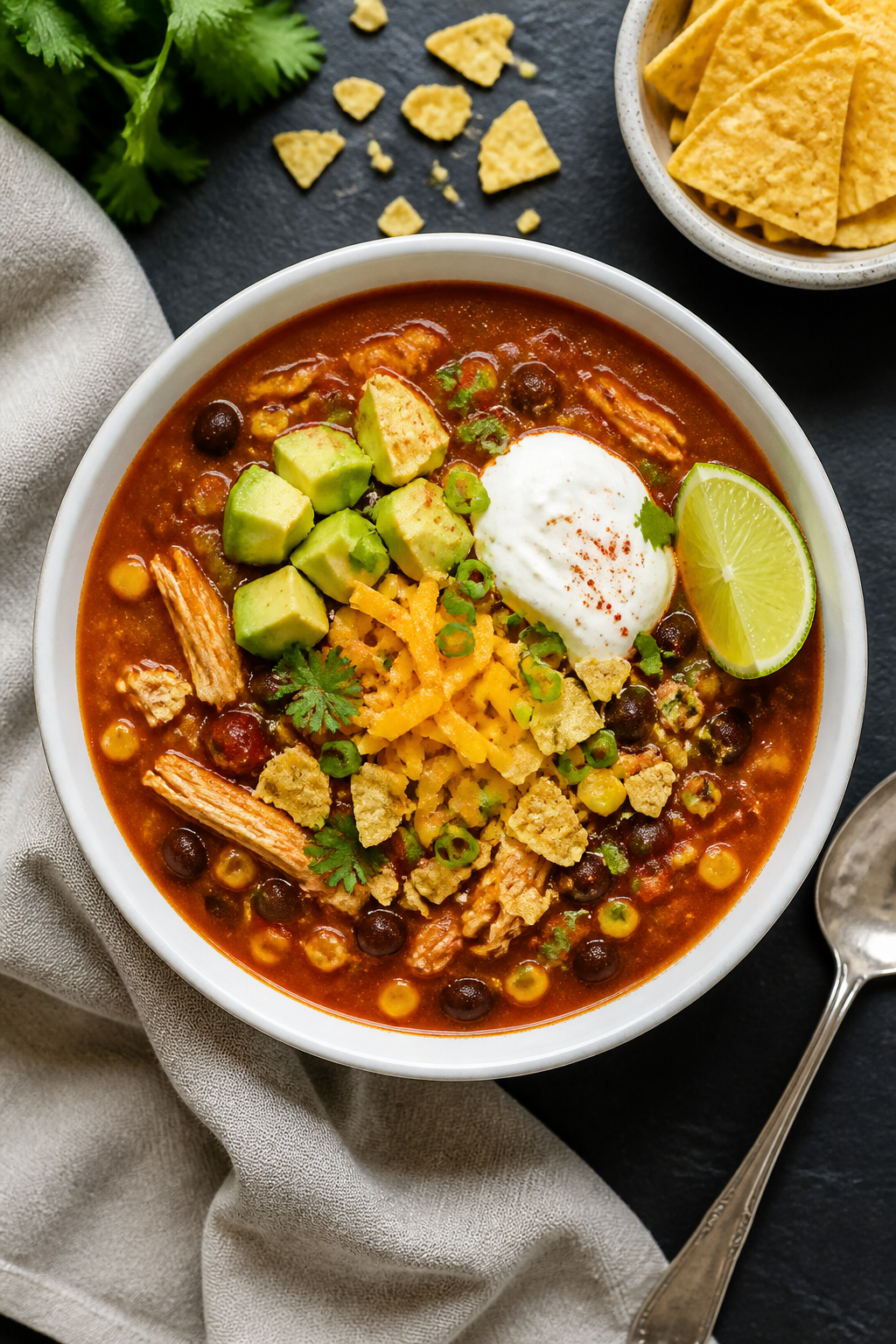 Tasty top view, overhead: Overhead shot of a generous bowl of High Protein Chicken Taco Soup, vibran