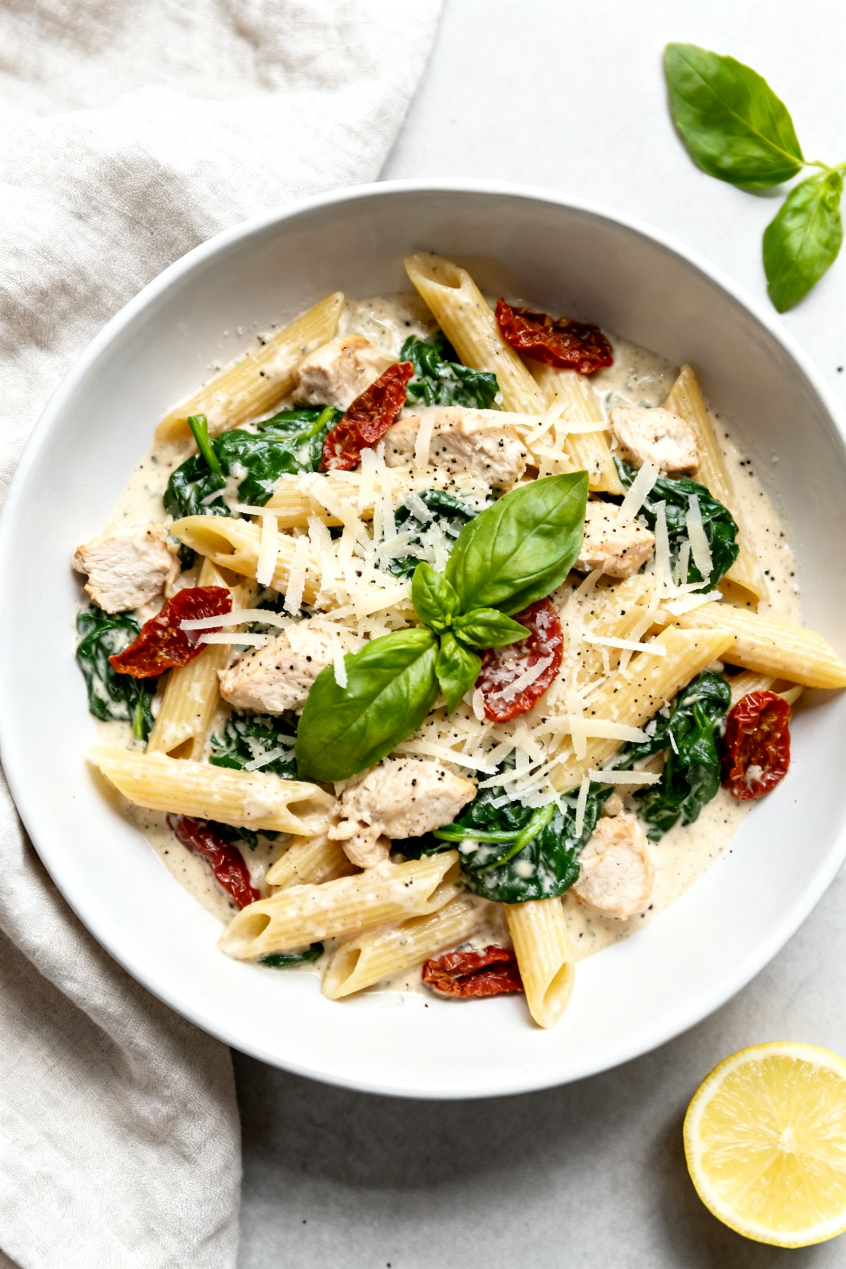 Tasty top view, overhead: Overhead shot of creamy Tuscan chicken protein pasta in a wide, shallow wh