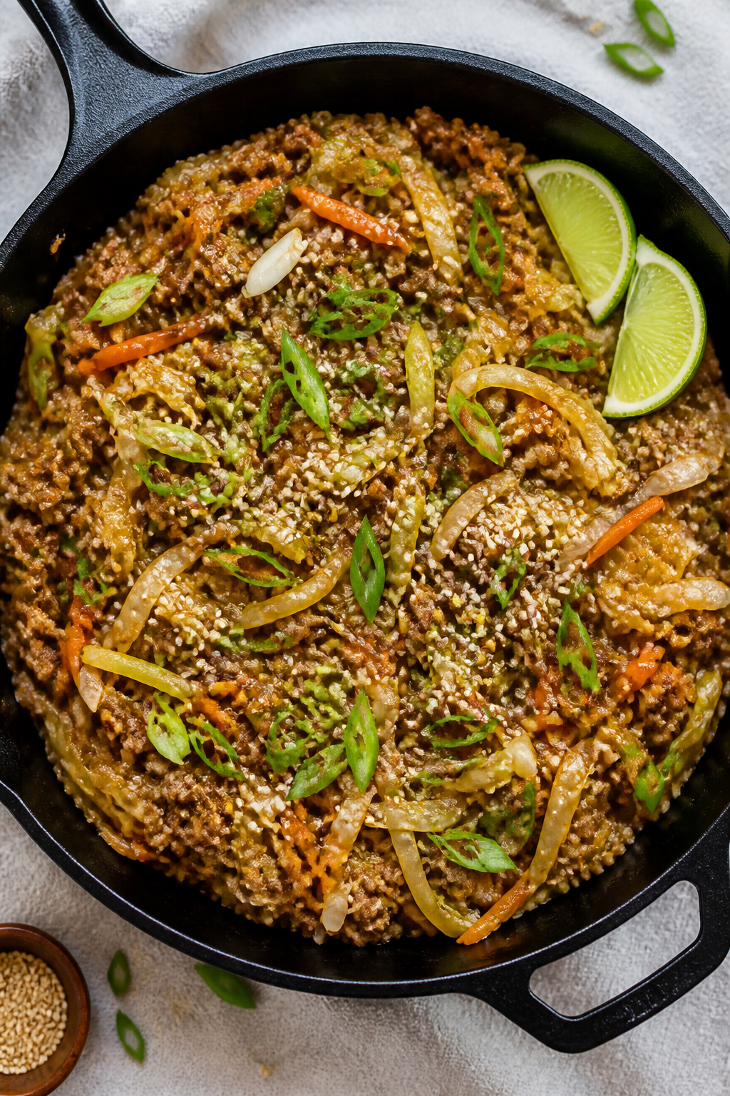 Tasty top view, overhead: Overhead shot of Low Carb Ground Beef Egg Roll in a Bowl just finished in 