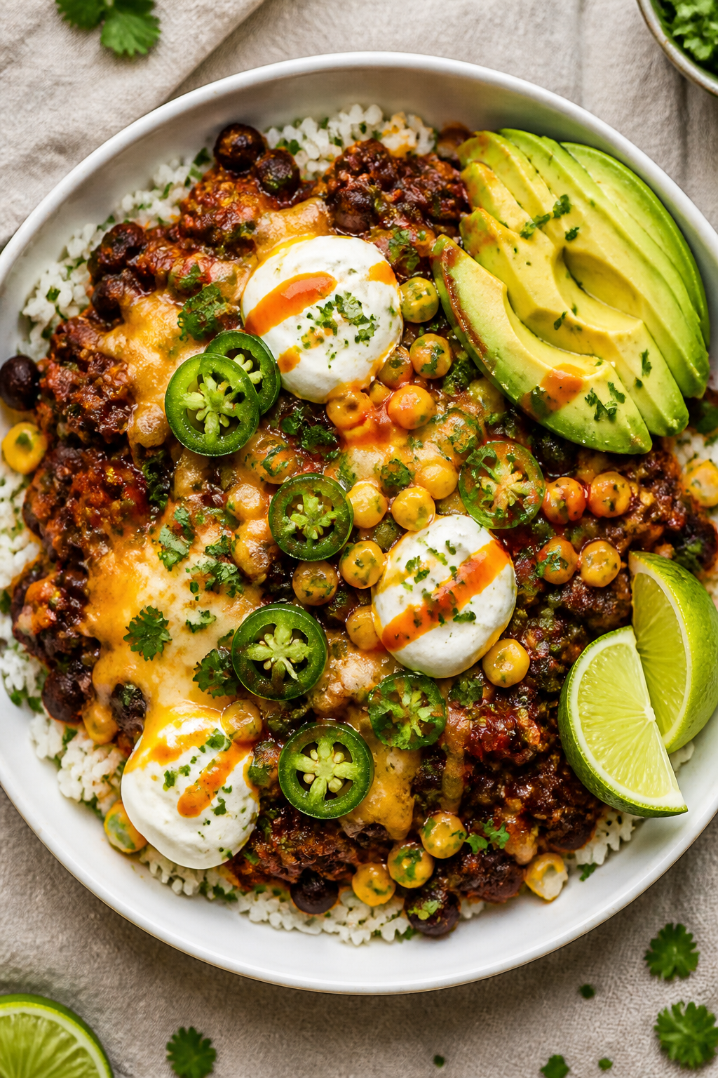 Tasty top view, overhead: Protein-Packed Beef Enchilada Bowl assembled over cilantro-lime rice, with
