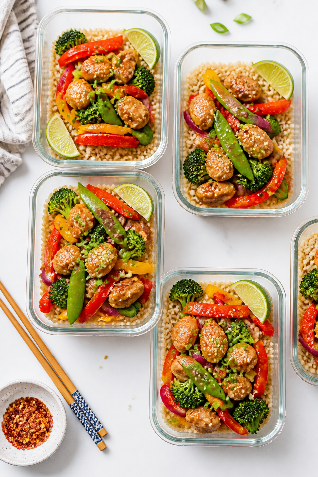 Tasty top view: Overhead shot of 4–5 meal prep containers neatly arranged, each with a base of flu