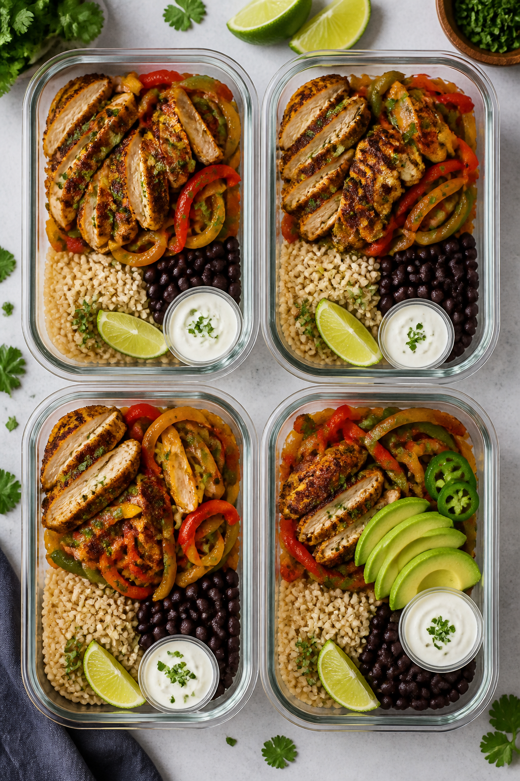 Tasty top view: Overhead shot of 4 neatly portioned meal prep containers filled with chicken fajitas