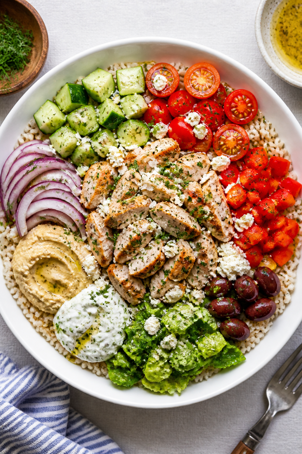 Tasty top view: Overhead shot of a composed Greek turkey bowl on a wide shallow white bowl—base of