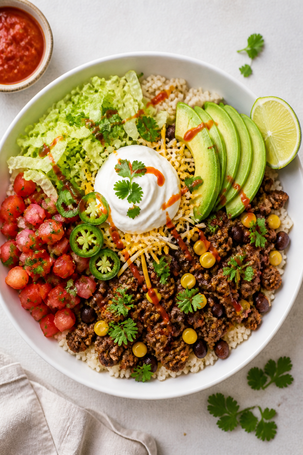 Tasty top view: Overhead shot of a Healthy Ground Beef Burrito Bowl arranged in color-blocked sectio