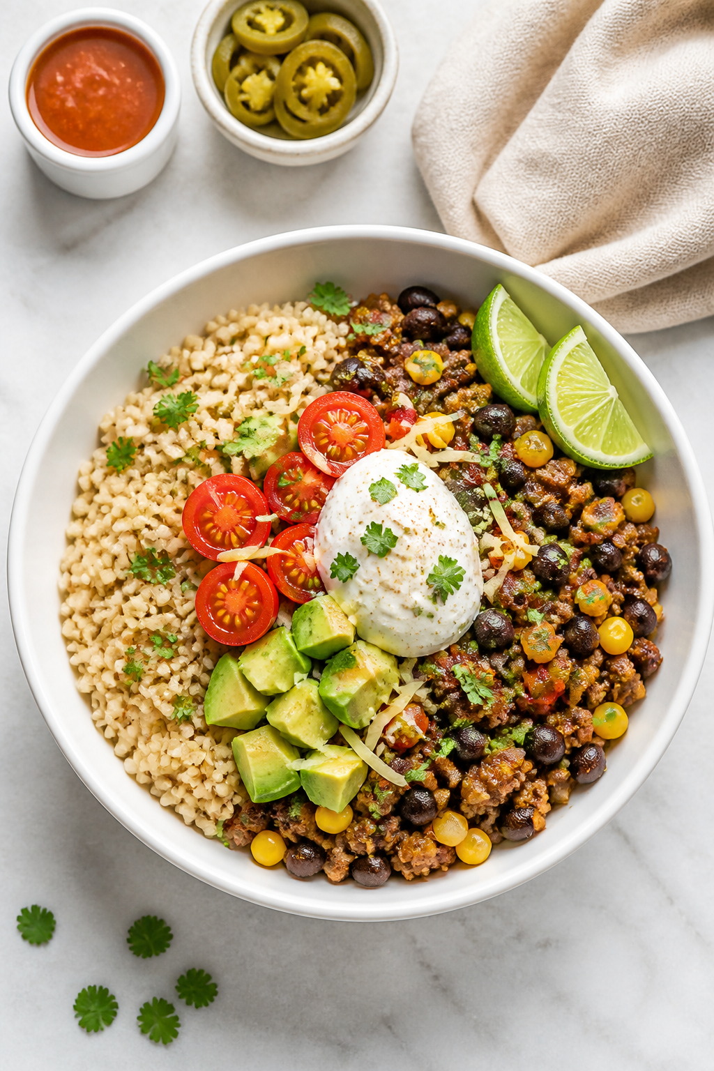 Tasty top view: Overhead shot of a high-protein beef burrito bowl assembled for meal prep—half bro