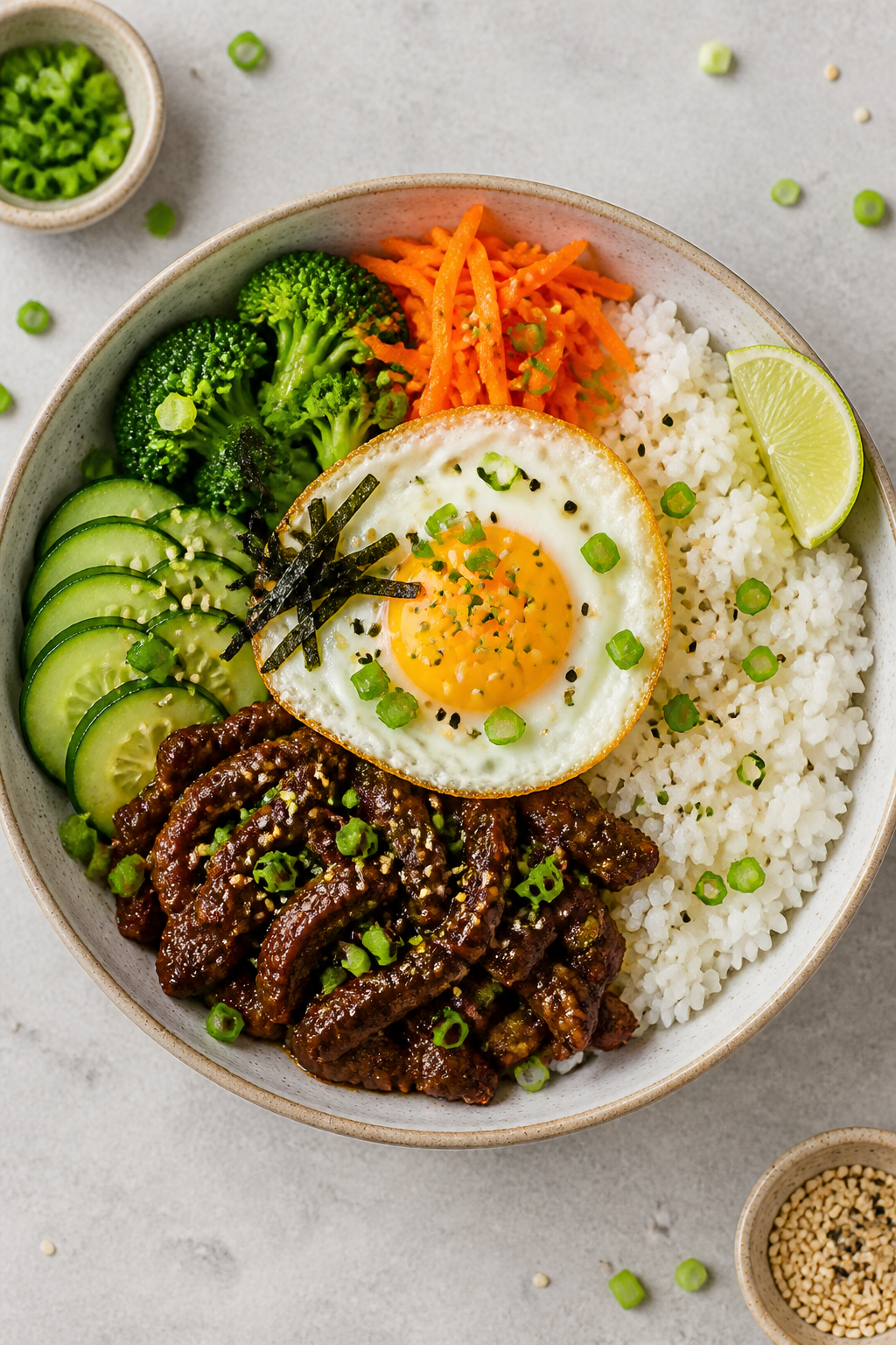Tasty top view: Overhead shot of a High Protein Korean Beef Bowl—fluffy jasmine rice on one side, 