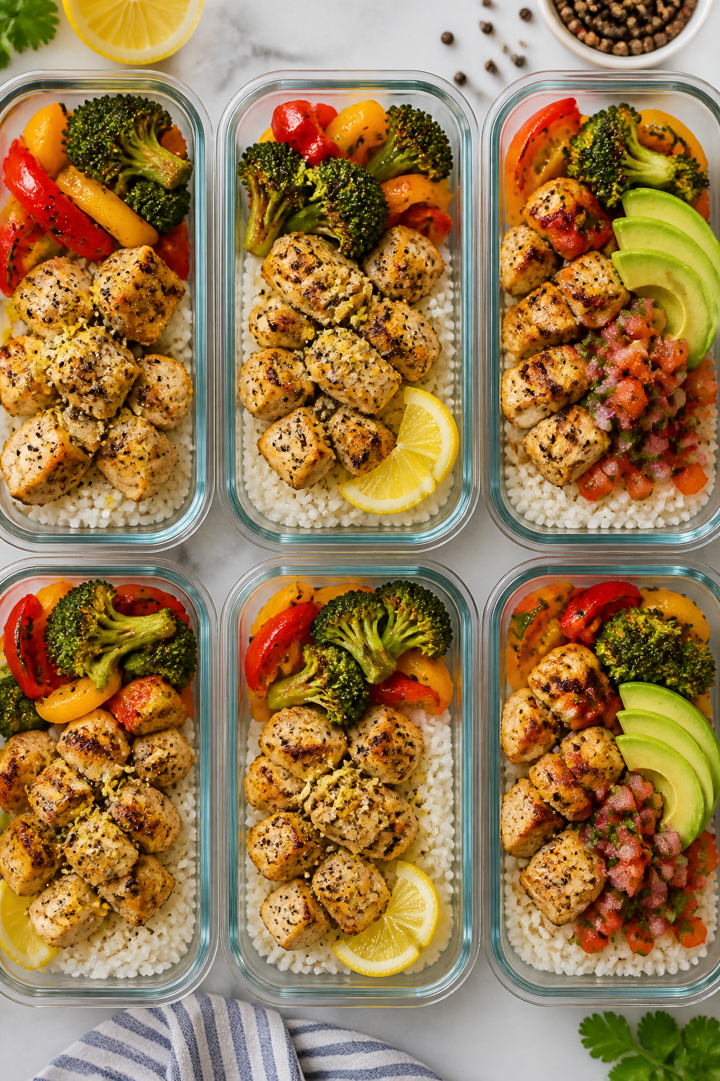 Tasty top view: Overhead shot of a meal-prep spread—neatly arranged chicken bites over a base of f
