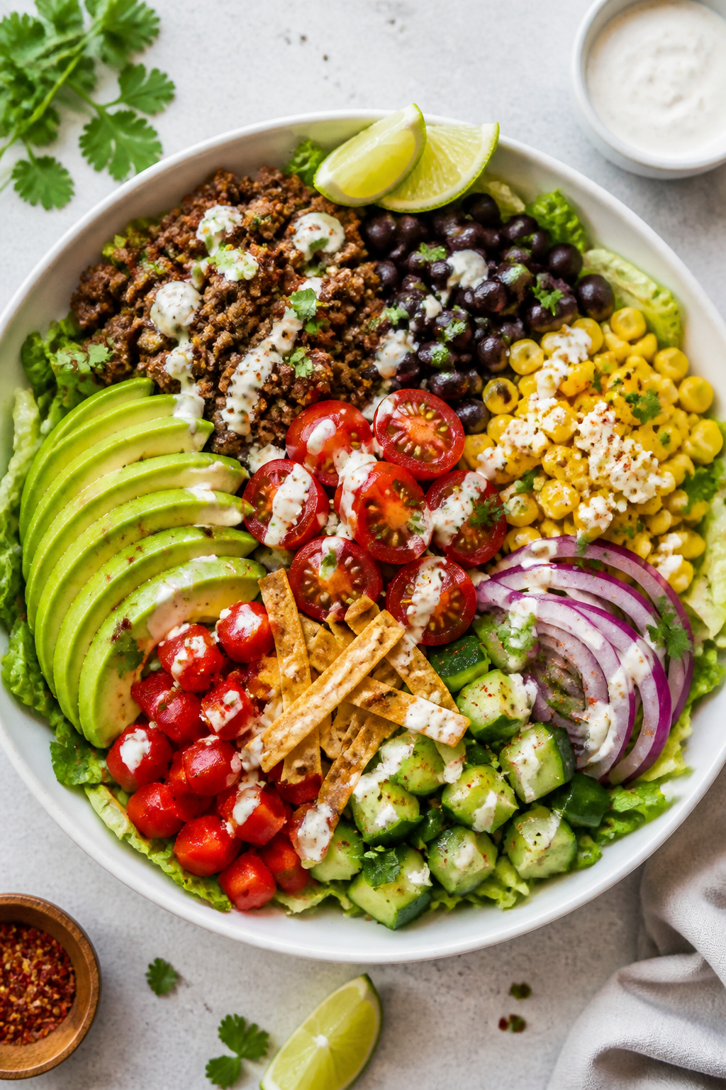 Tasty top view: Overhead shot of a vibrant Healthy Beef Taco Salad Bowl freshly assembled in a wide 