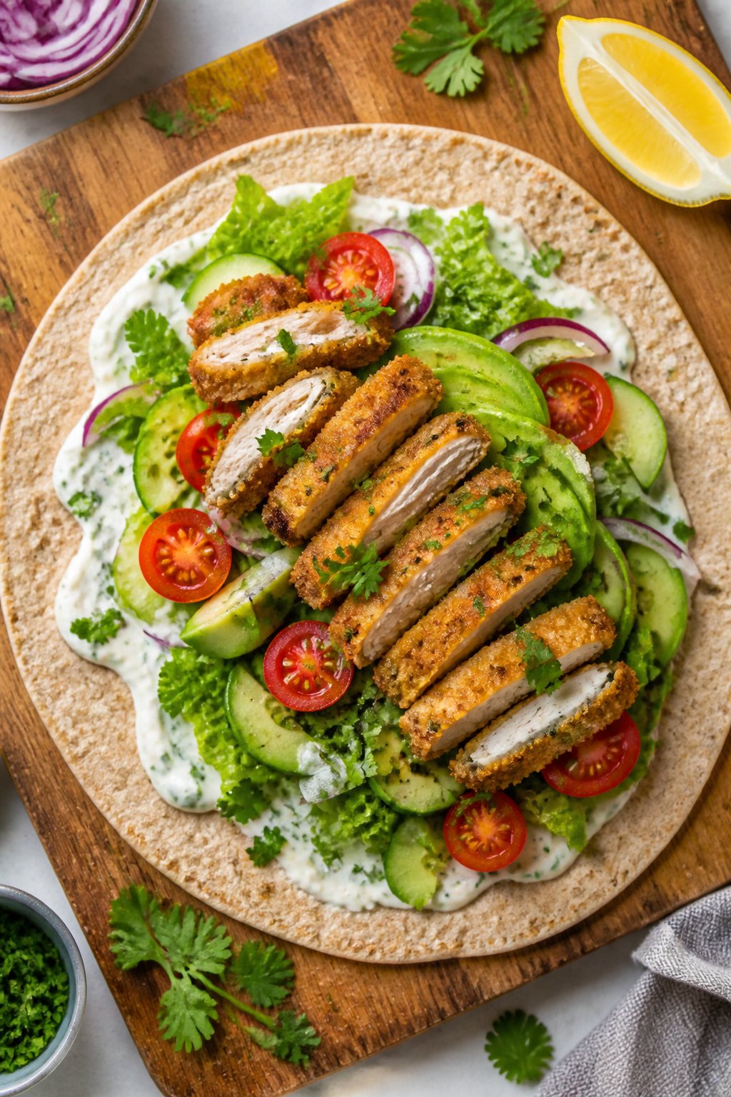 Tasty top view: Overhead shot of a whole-wheat tortilla being assembled on a wooden board—warm, fl
