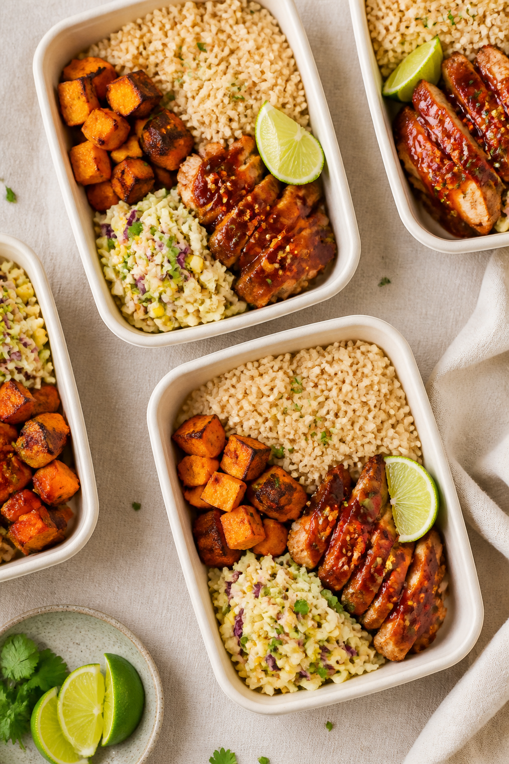 Tasty top view: Overhead shot of assembled BBQ chicken meal prep bowls—neatly divided sections of 