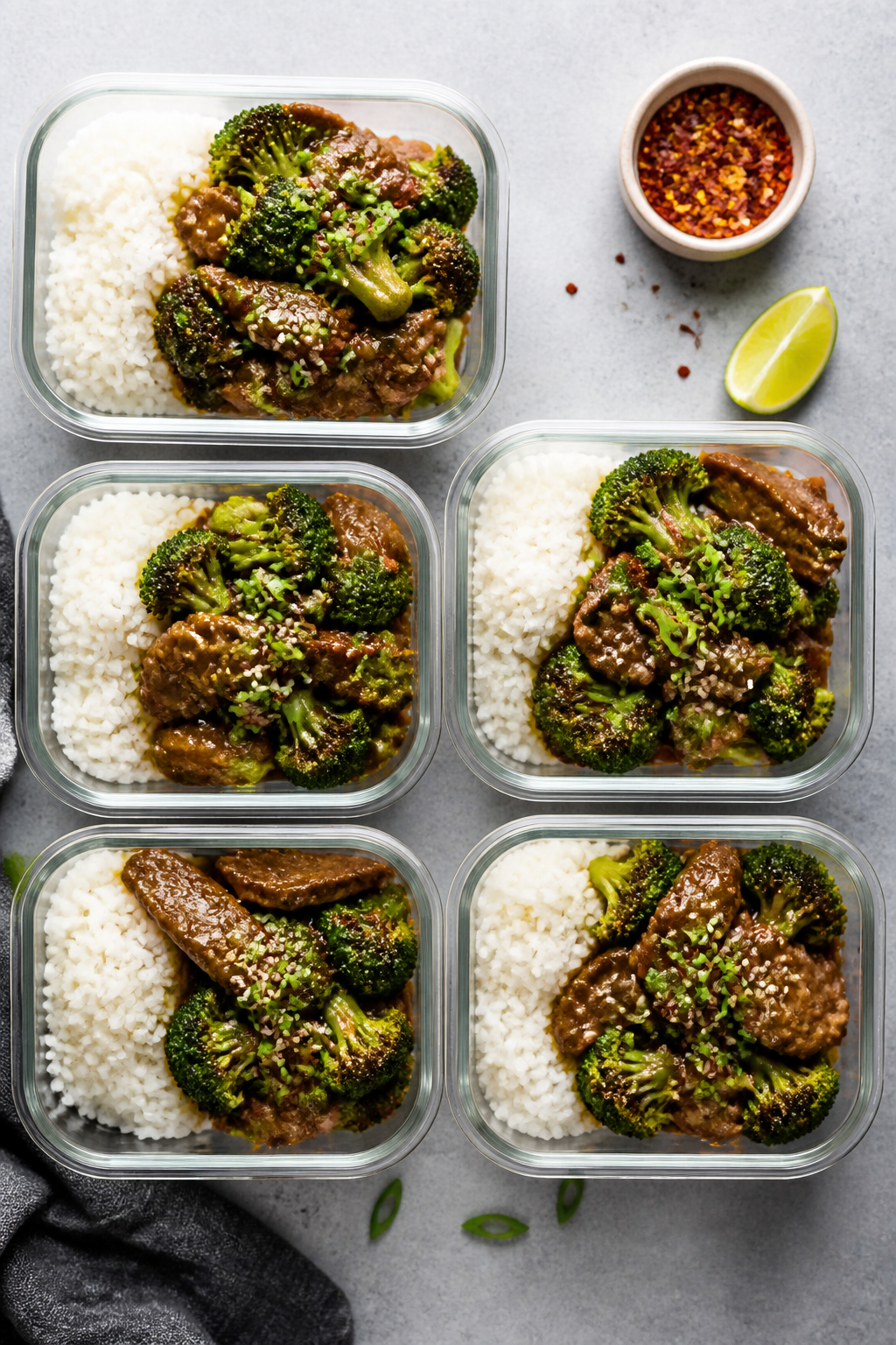 Tasty top view: Overhead shot of assembled Beef & Broccoli meal prep bowls—five clear containers a