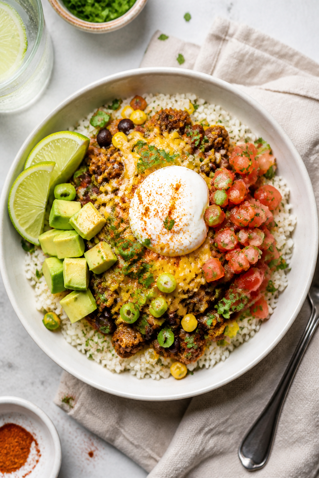 Tasty top view: Overhead shot of assembled Beef Enchilada Rice Bowls on a white ceramic bowl—fluff