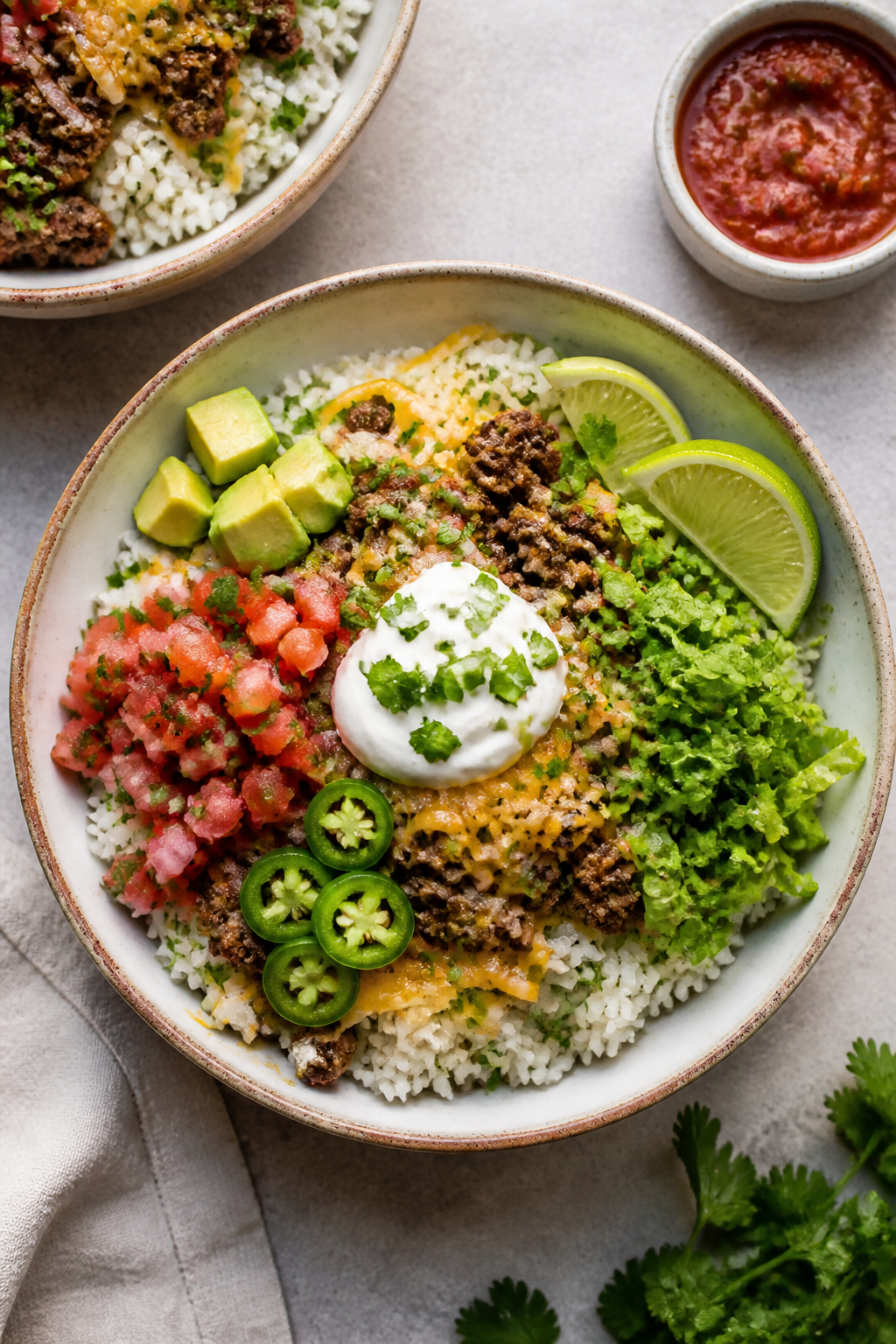 Tasty top view: Overhead shot of assembled Beef Taco Rice Bowls on a neutral stone surface—fluffy