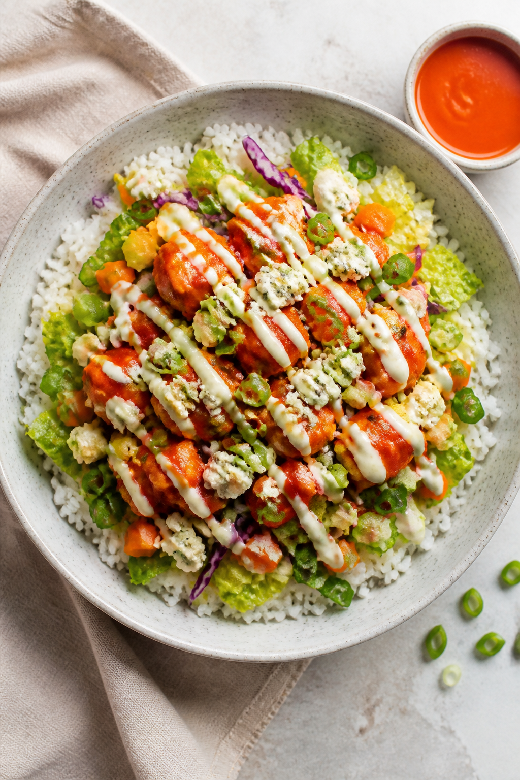 Tasty top view: Overhead shot of assembled Buffalo Chicken Rice Bowl: fluffy white jasmine rice base