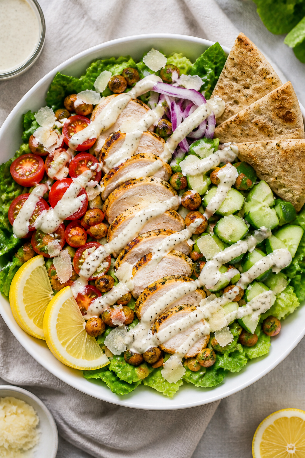 Tasty top view: Overhead shot of assembled Chicken Caesar Protein Wrap Bowls—crisp chopped romaine