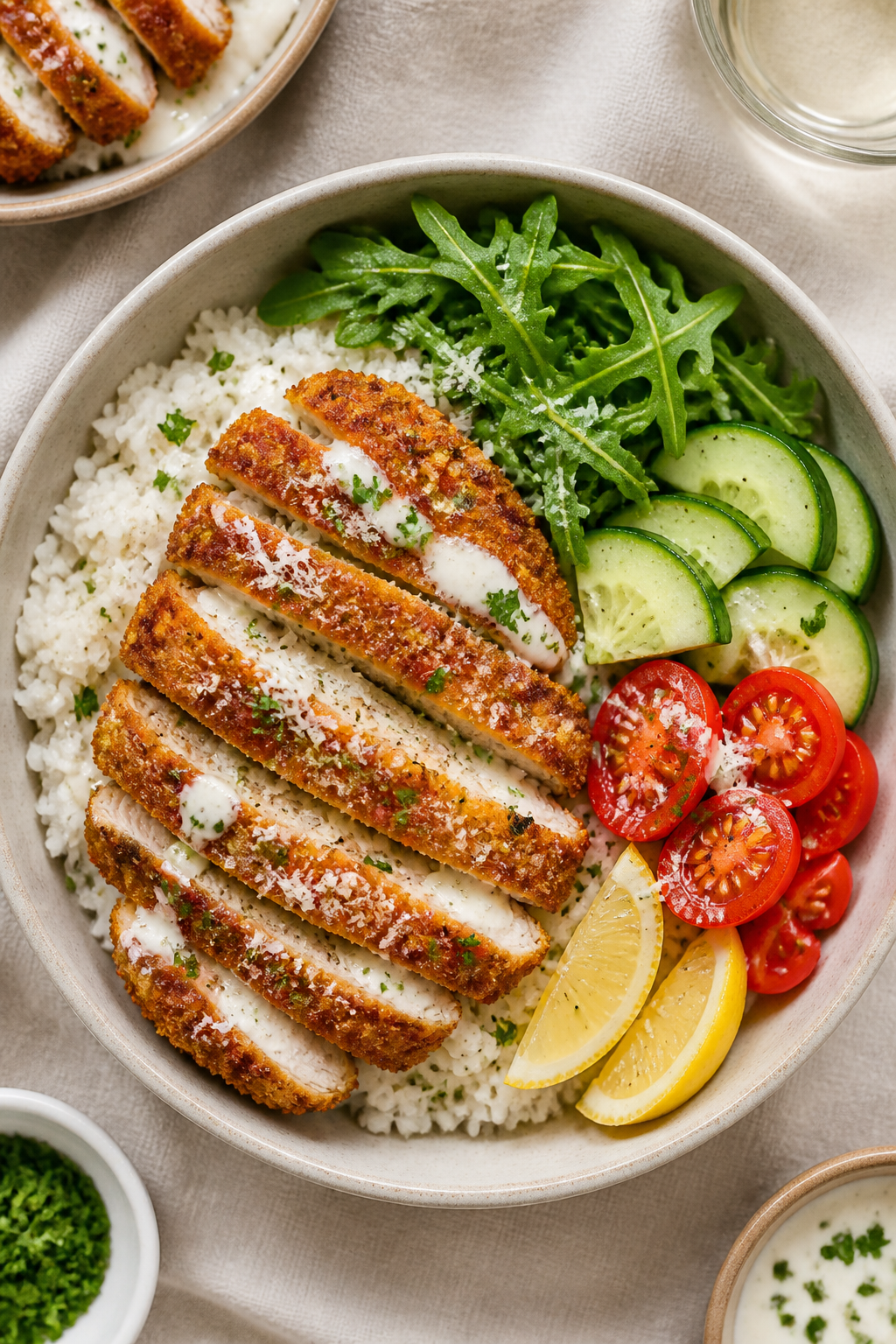 Tasty top view: Overhead shot of assembled Crispy Parmesan Chicken Rice Bowls—fluffy garlicky jasm
