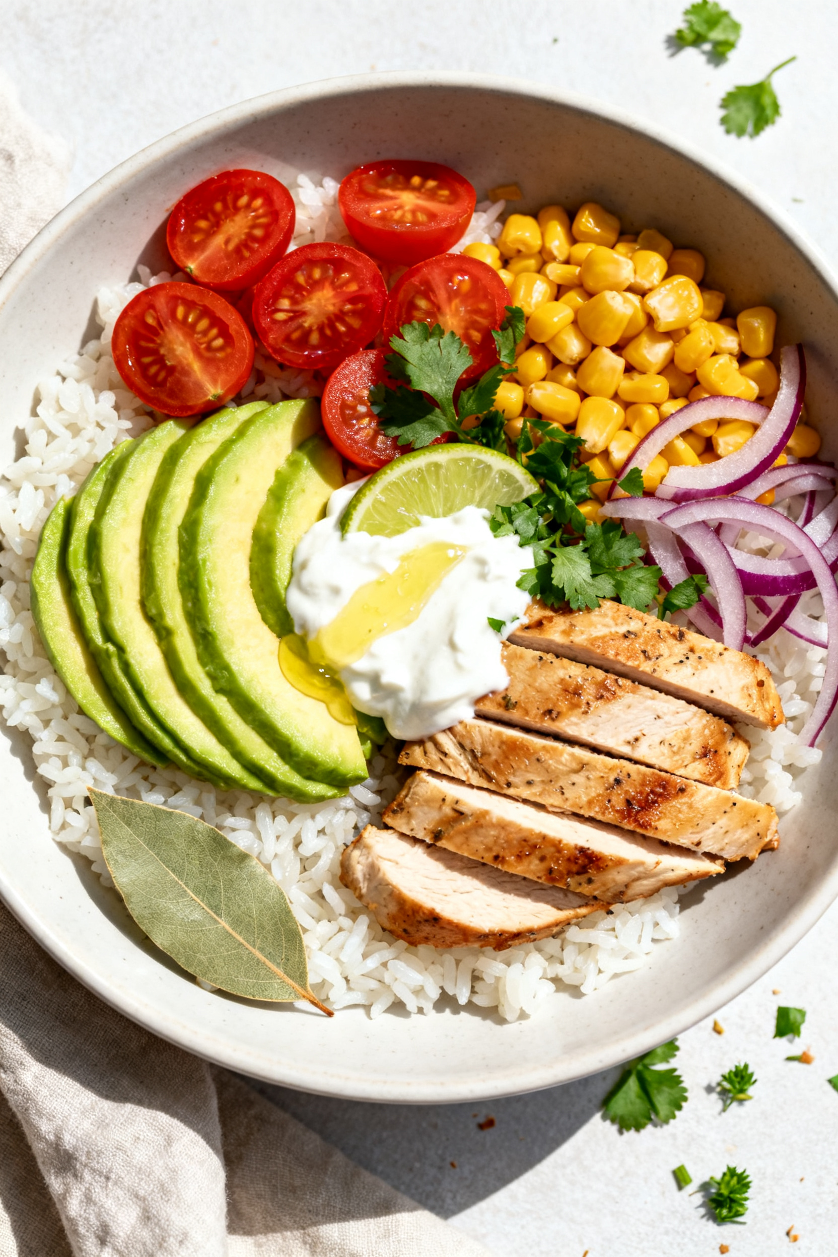 Tasty top view: Overhead shot of assembled Garlic Lime Chicken Rice Bowl—fluffy white rice base fl