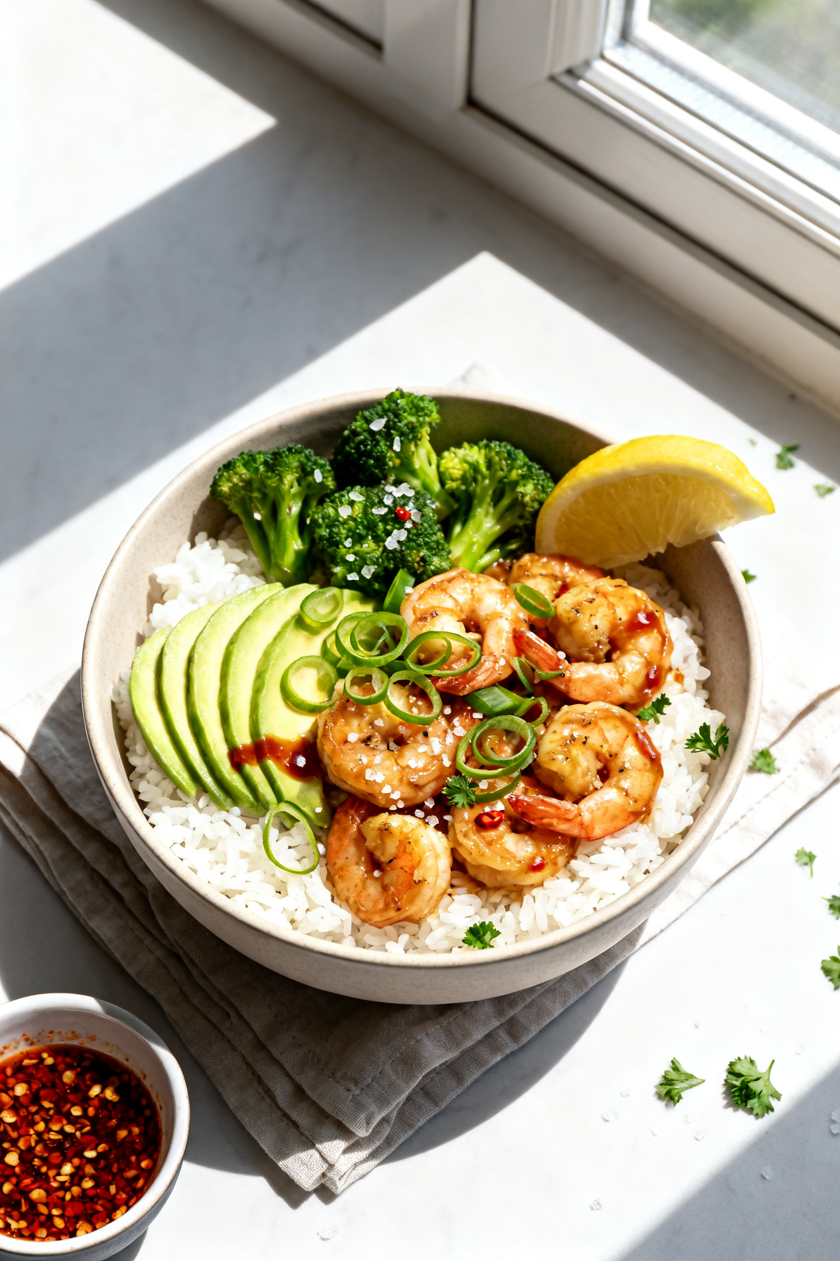 Tasty top view: Overhead shot of assembled Garlic Butter Shrimp & Rice Bowls—fluffy jasmine rice b