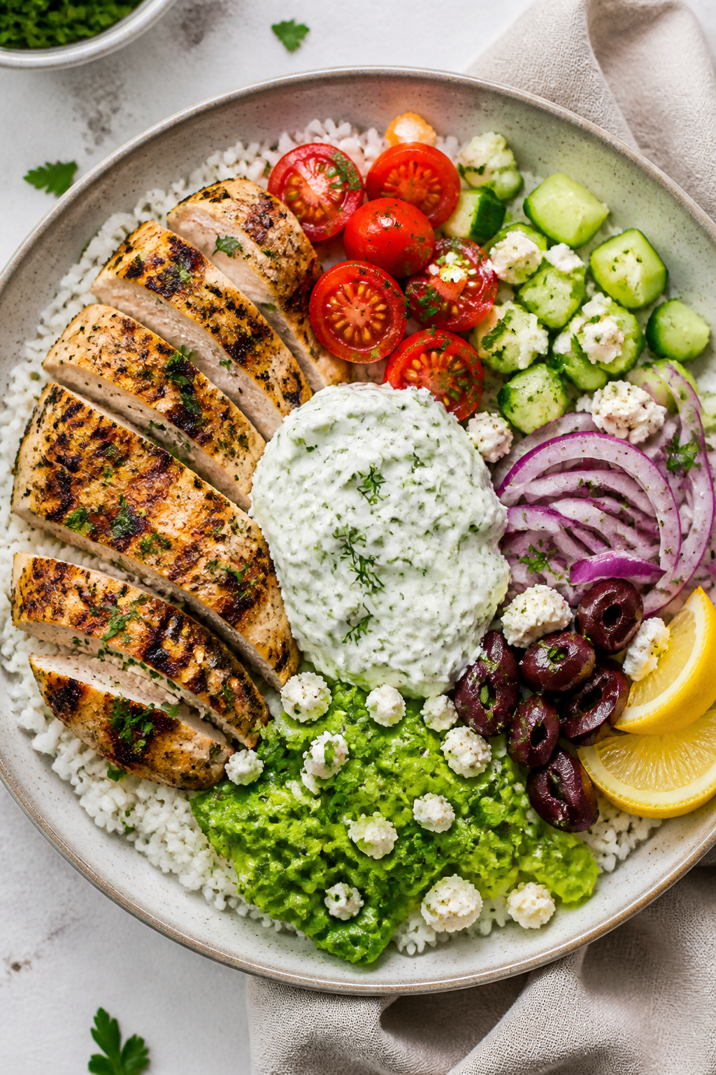 Tasty top view: Overhead shot of assembled Greek Chicken & Tzatziki Bowl—fluffy basmati rice base,