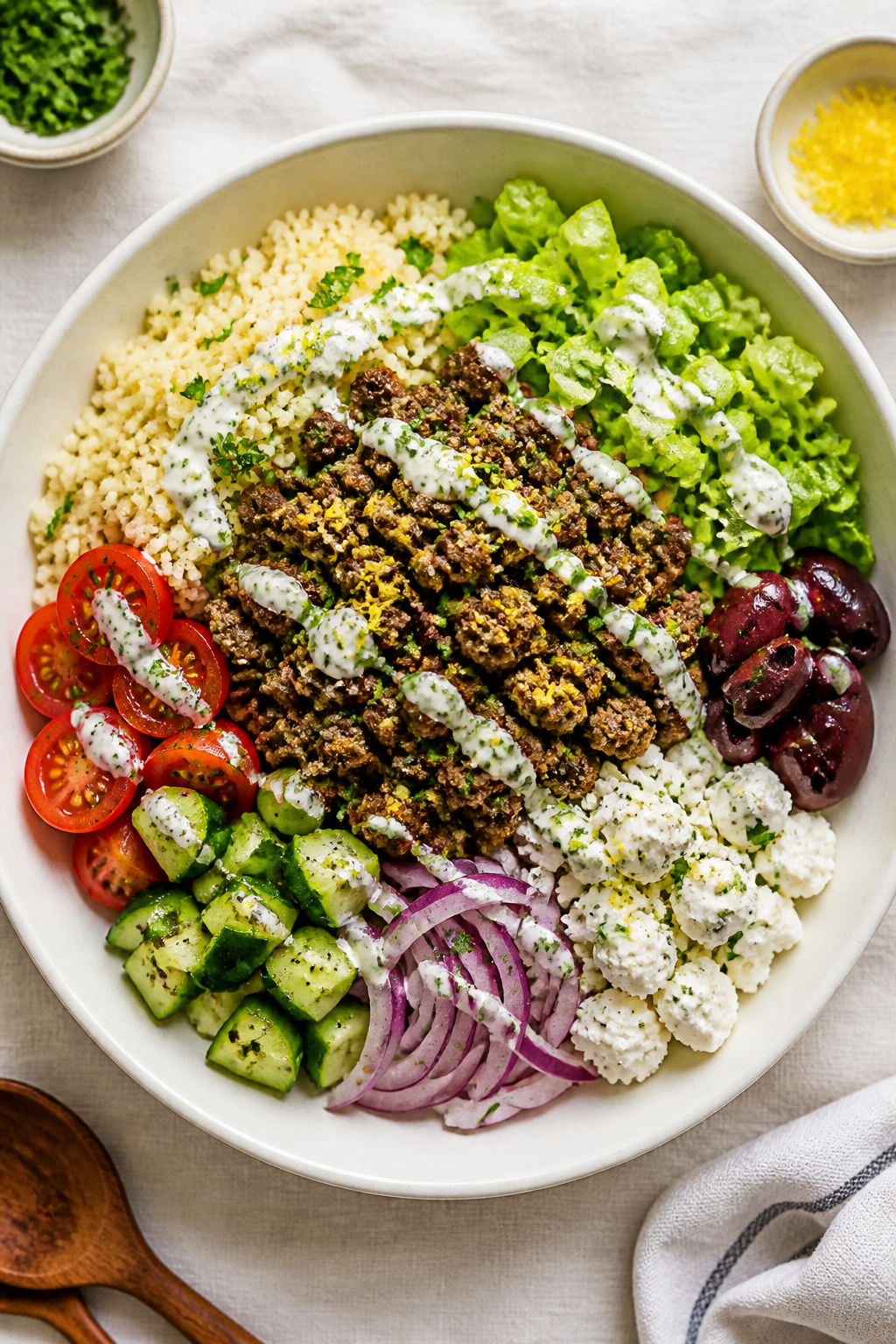 Tasty top view: Overhead shot of assembled Ground Beef Mediterranean Power Bowl. Fluffy couscous bas