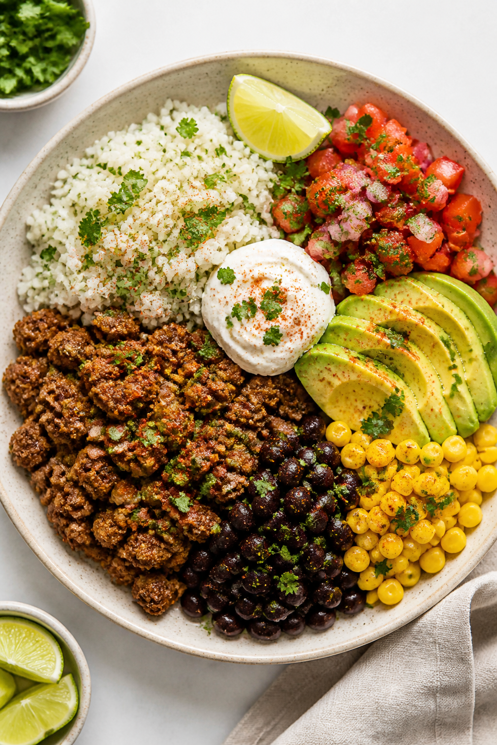 Tasty top view: Overhead shot of assembled ground turkey burrito bowls on a neutral ceramic plate, s