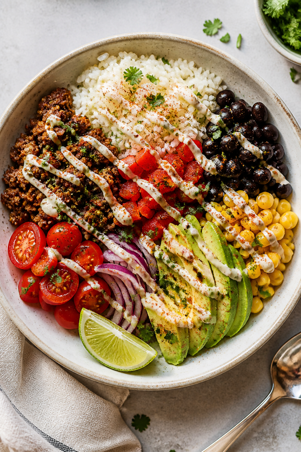 Tasty top view: Overhead shot of assembled Ground Beef Tex-Mex Protein Bowl on a wide, shallow ceram