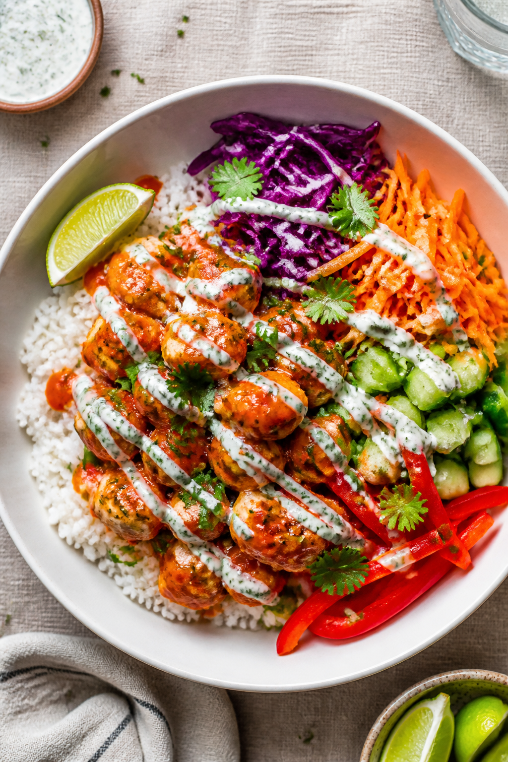 Tasty top view: Overhead shot of assembled Healthy Buffalo Chicken Rice Bowl in a wide white ceramic