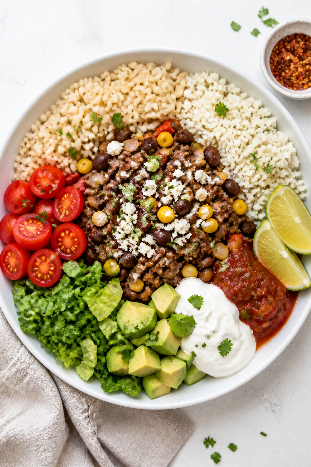 Tasty top view: Overhead shot of assembled Healthy Ground Beef Burrito Bowl on a matte white bowl—